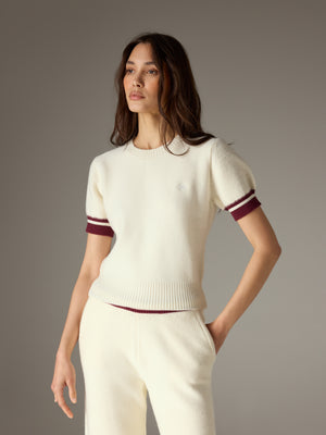 CONTRAST STRIPE SHORT SLEEVE KNIT TEE - OFF WHITE