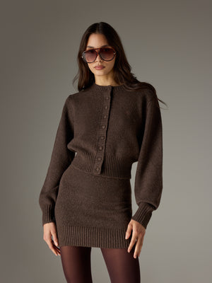 EMBLEM EMBROIDERED KNIT CROP CARDIGAN - BROWN