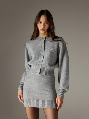 EMBLEM EMBROIDERED KNIT CROP CARDIGAN - GREY MARL