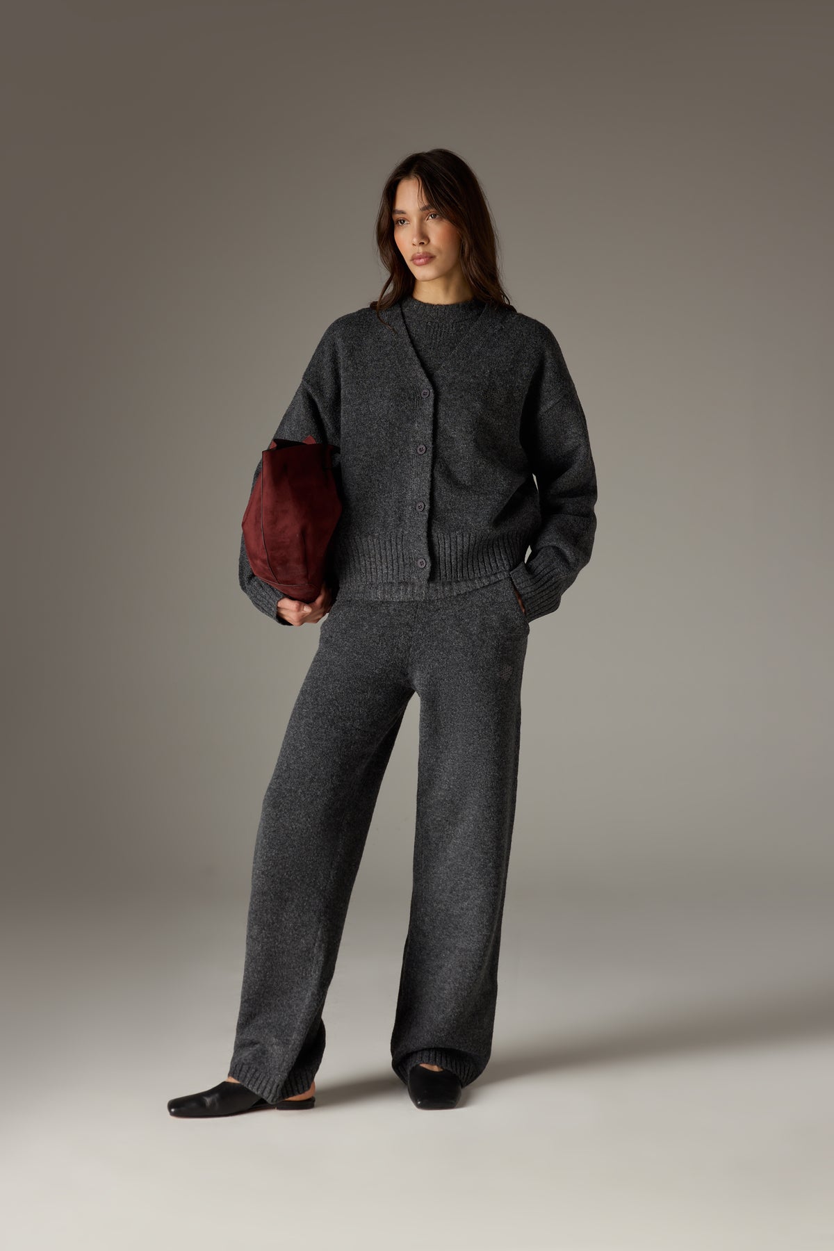 FLUFFY KNIT EMBLEM EMBROIDERED CARDIGAN - CHARCOAL