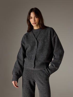 FLUFFY KNIT EMBLEM EMBROIDERED CARDIGAN - CHARCOAL