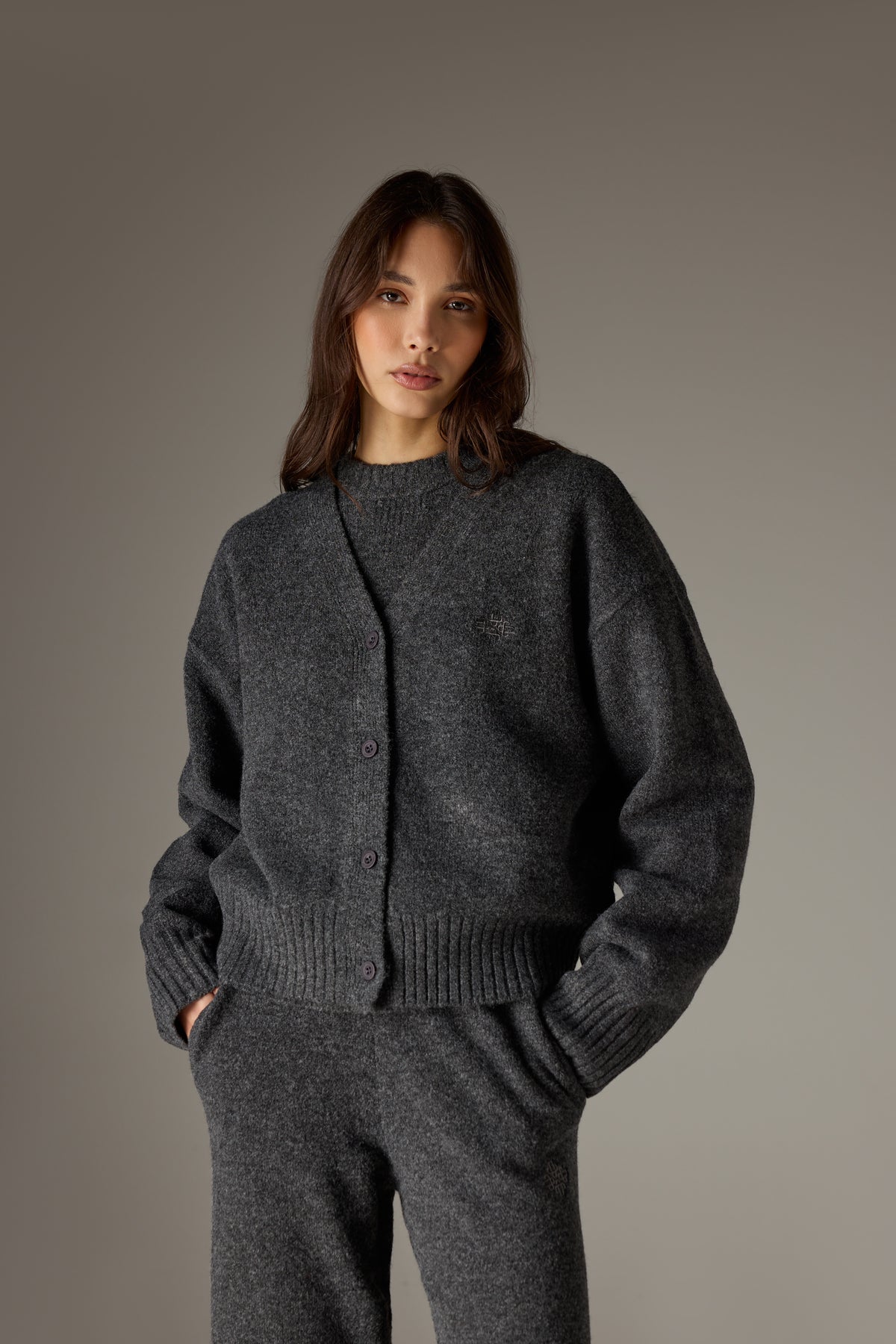 FLUFFY KNIT EMBLEM EMBROIDERED CARDIGAN - CHARCOAL