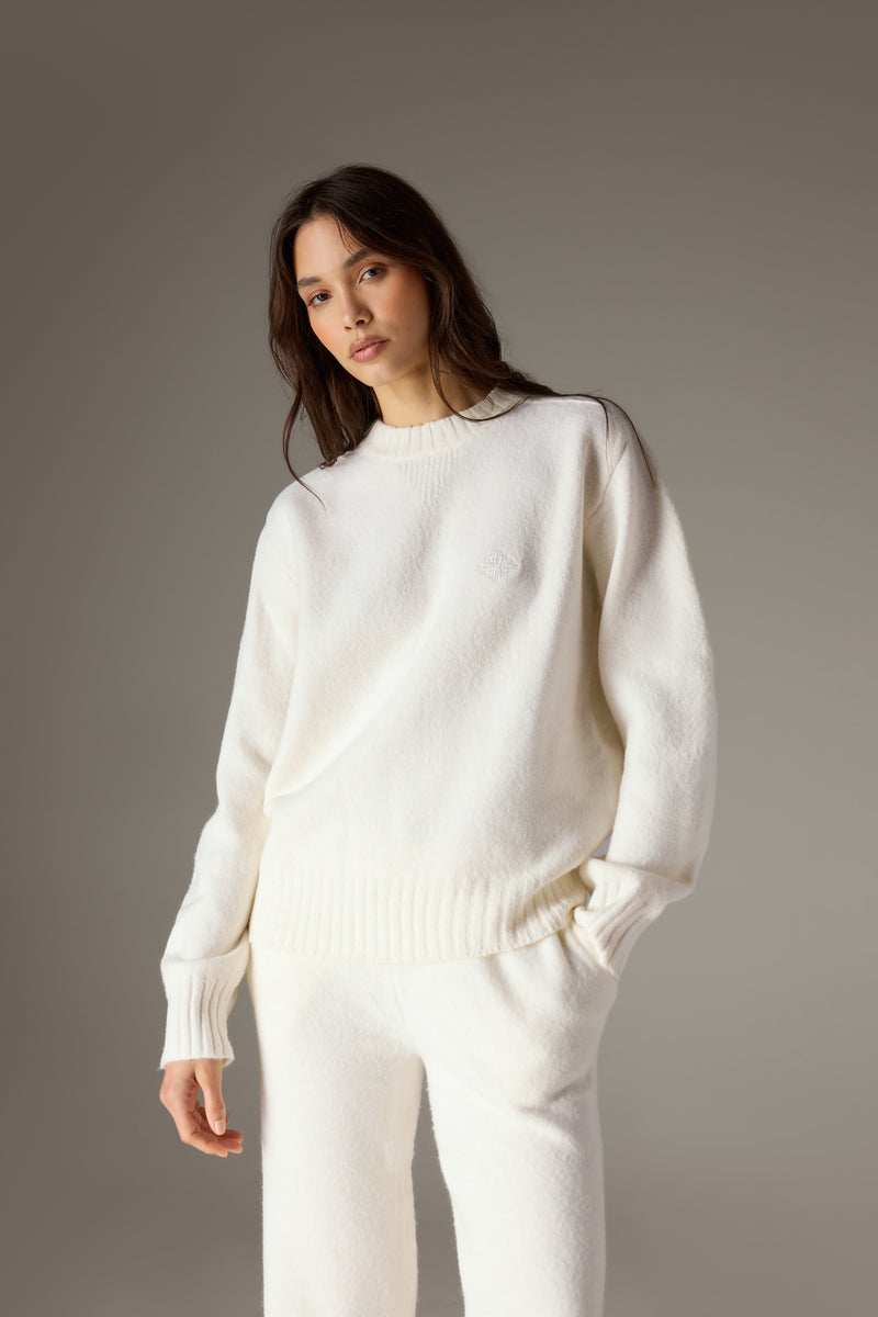 FLUFFY KNIT EMBLEM EMBROIDERED CREW - OFF WHITE