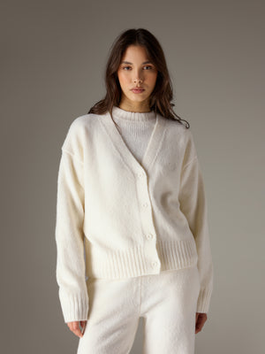 FLUFFY KNIT EMBLEM CARDIGAN - OFF-WHITE