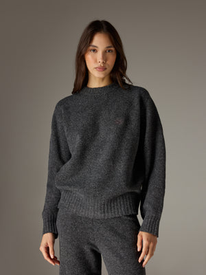 FLUFFY KNIT EMBLEM EMBROIDERED CREW - CHARCOAL