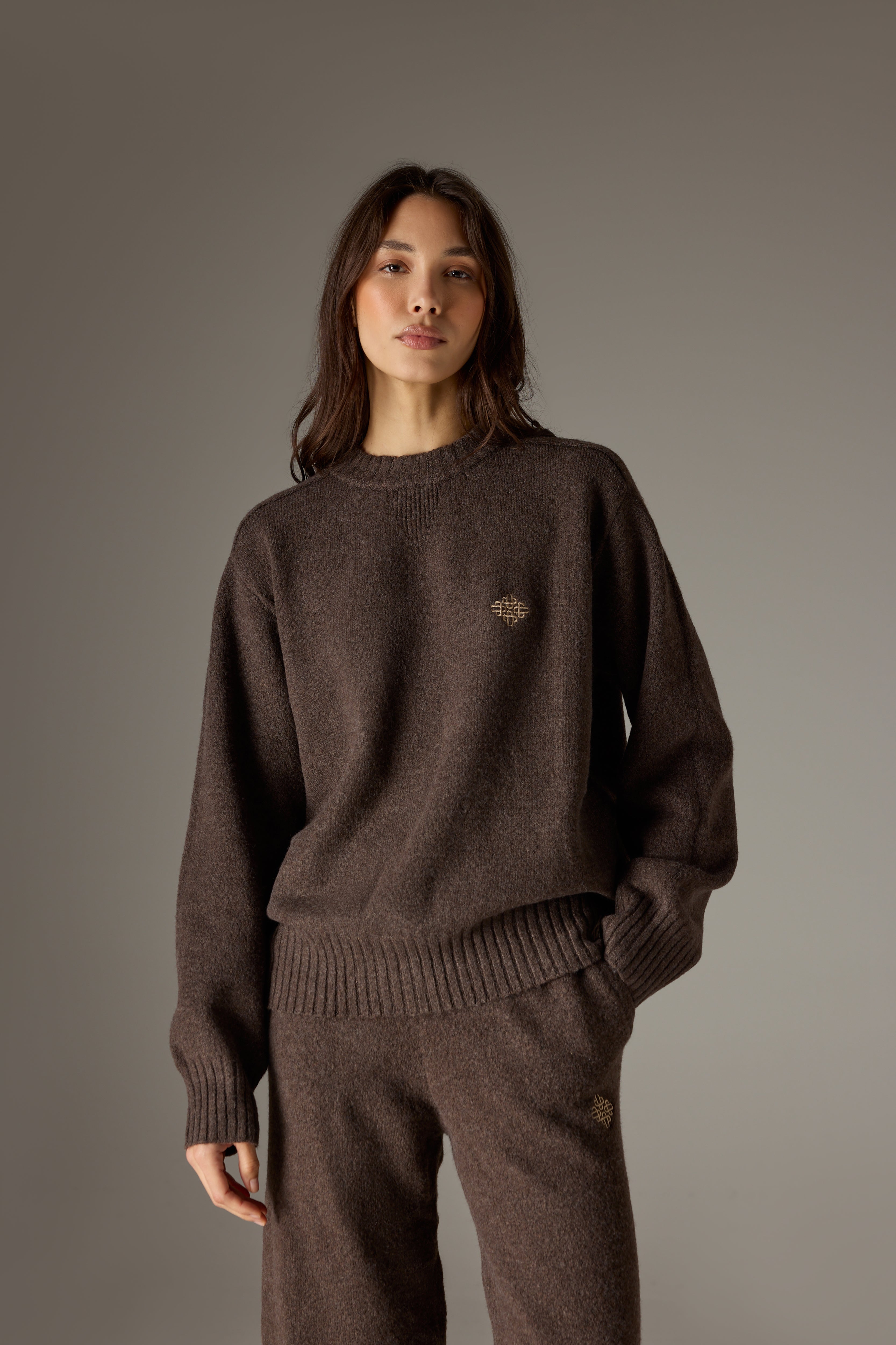 FLUFFY KNIT EMBLEM EMBROIDERED CREW