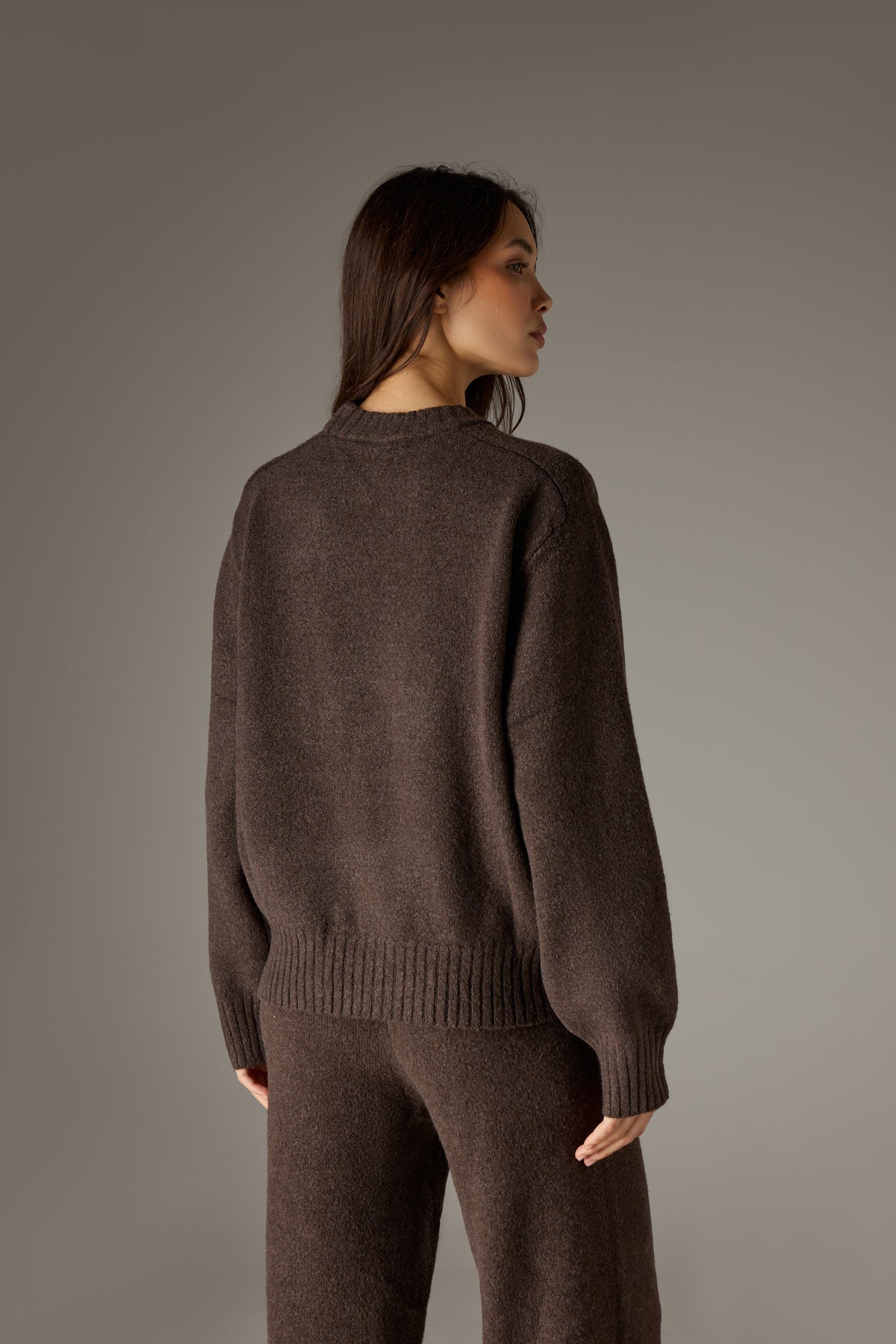 FLUFFY KNIT EMBLEM EMBROIDERED CREW - BROWN
