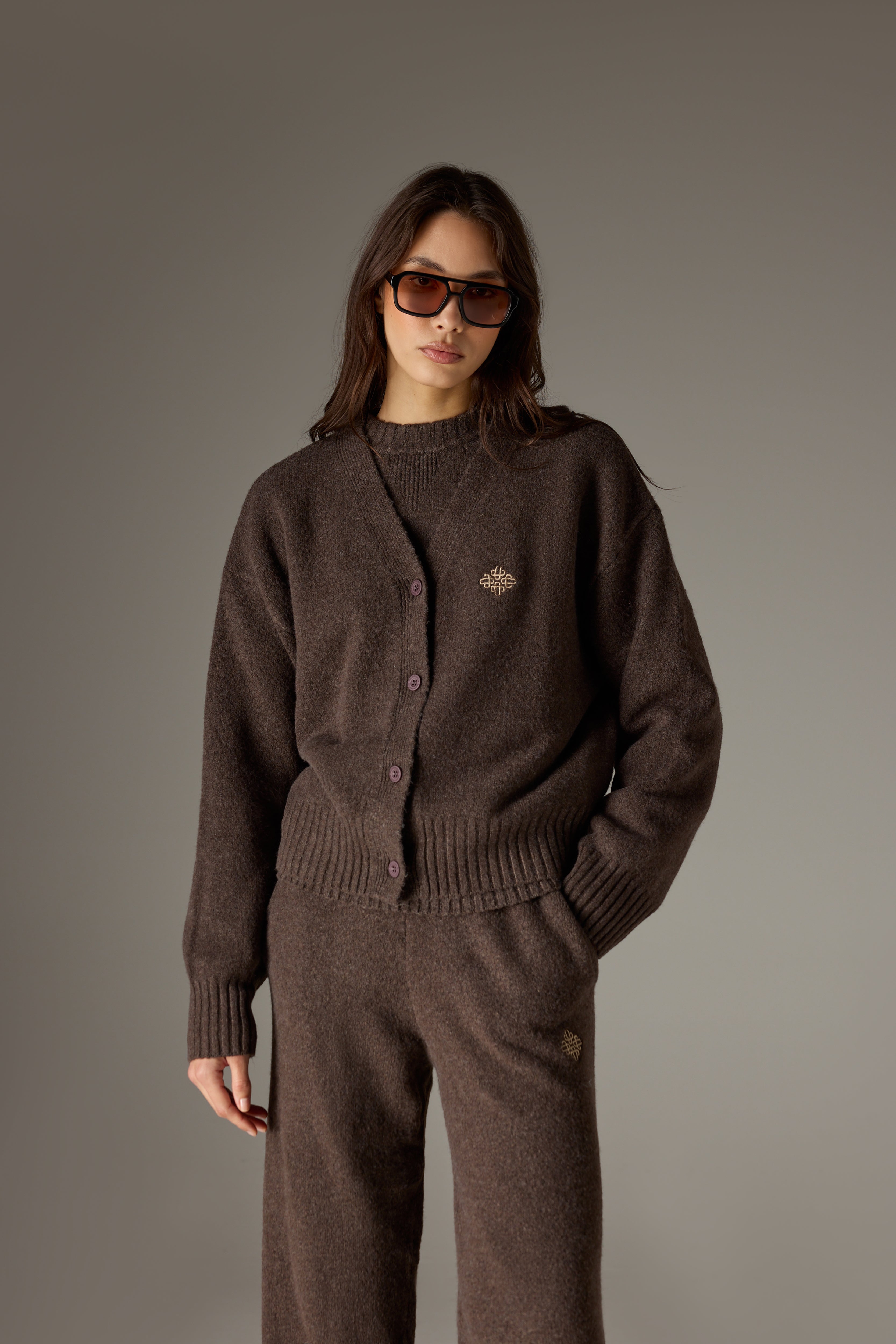 FLUFFY KNIT EMBLEM EMBROIDERED CARDIGAN - BROWN – The Couture Club