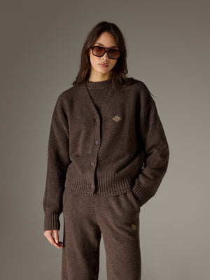 FLUFFY KNIT EMBLEM EMBROIDERED CARDIGAN - BROWN