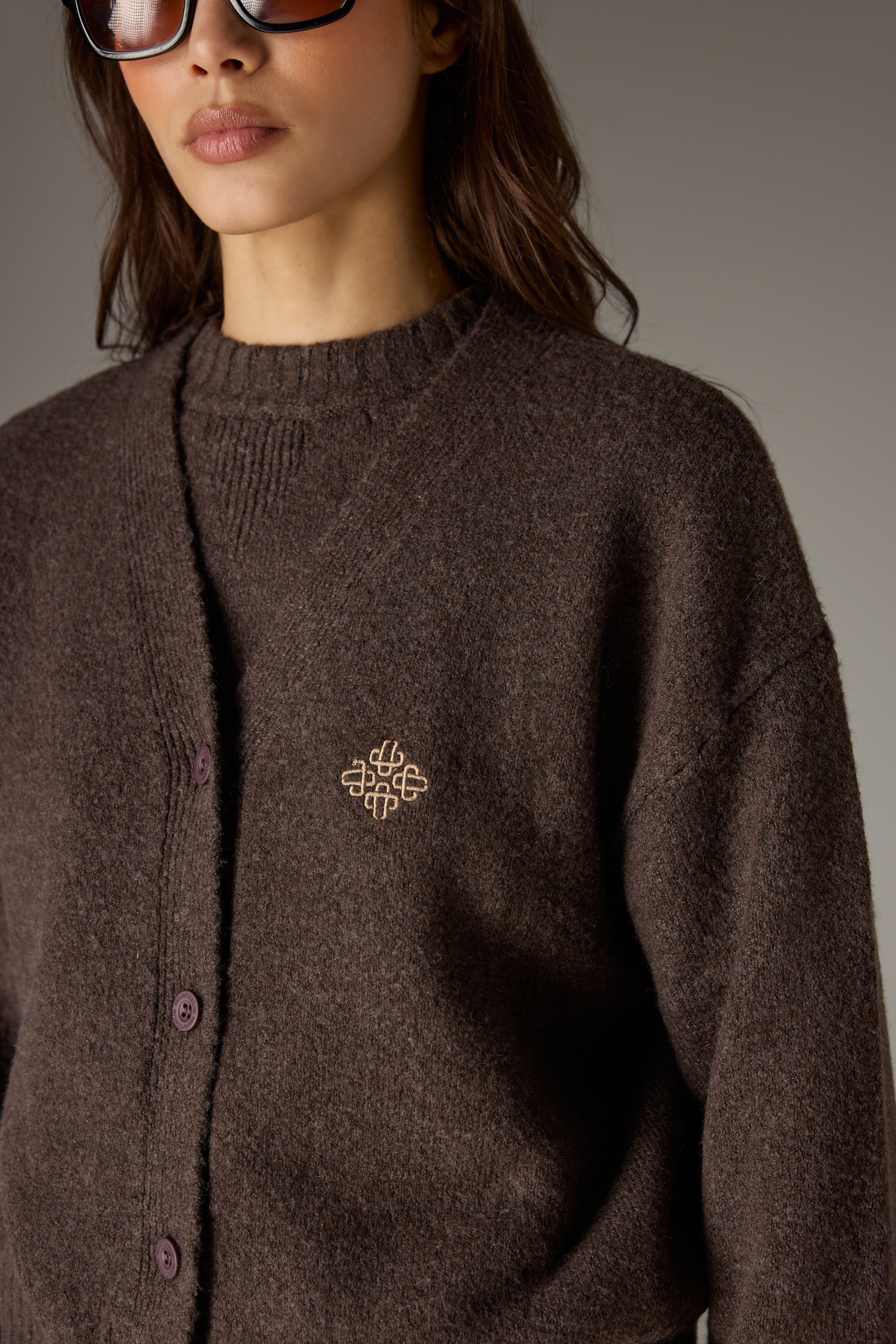 FLUFFY KNIT EMBLEM EMBROIDERED CARDIGAN - BROWN – The Couture Club