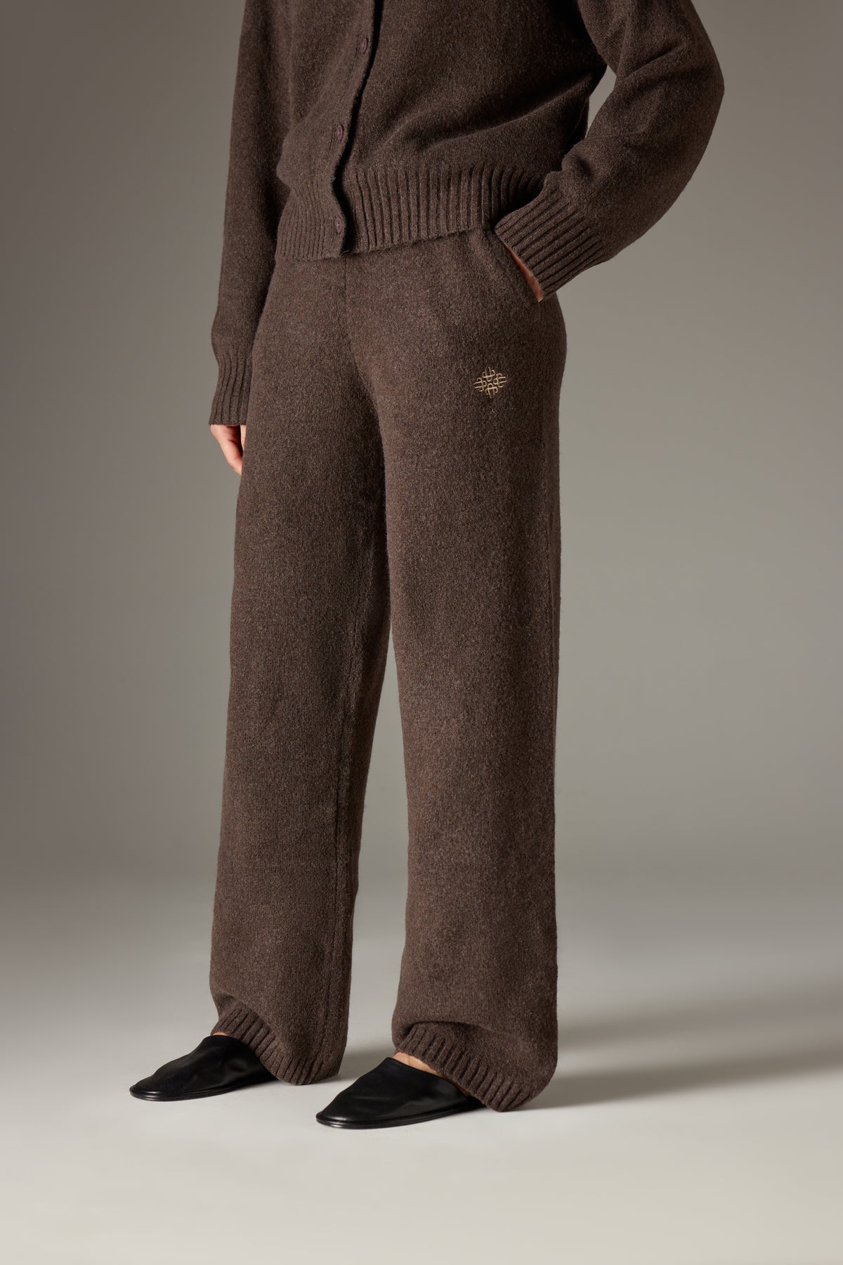 Fluffy Knit Emblem Embroidered Jogger - Brown