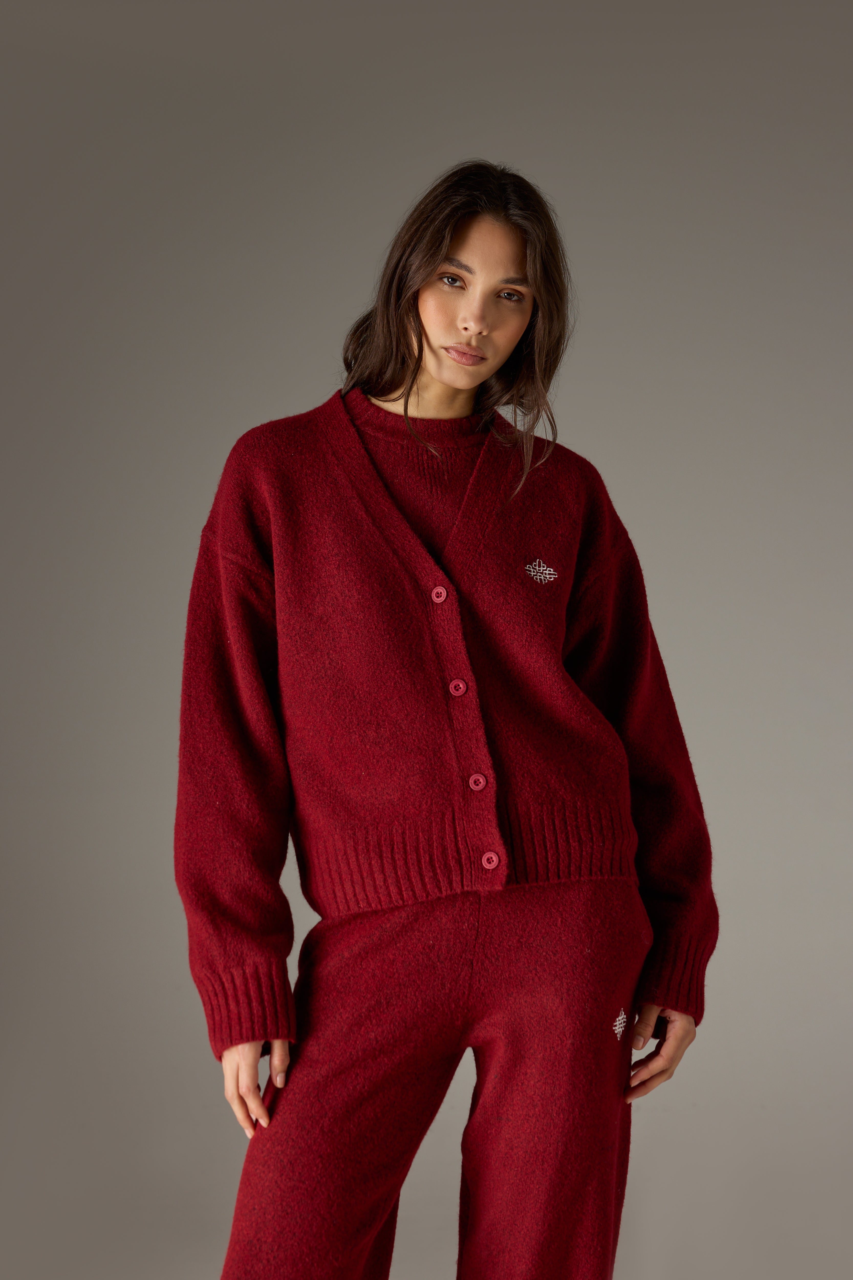 FLUFFY KNIT EMBLEM EMBROIDERED CARDIGAN - BURGUNDY – The Couture Club