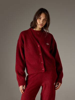 FLUFFY KNIT EMBLEM EMBROIDERED CARDIGAN - BURGUNDY