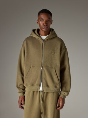 KNIT CONTRAST BINDING ZIP THROUGH HOODIE - KHAKI
