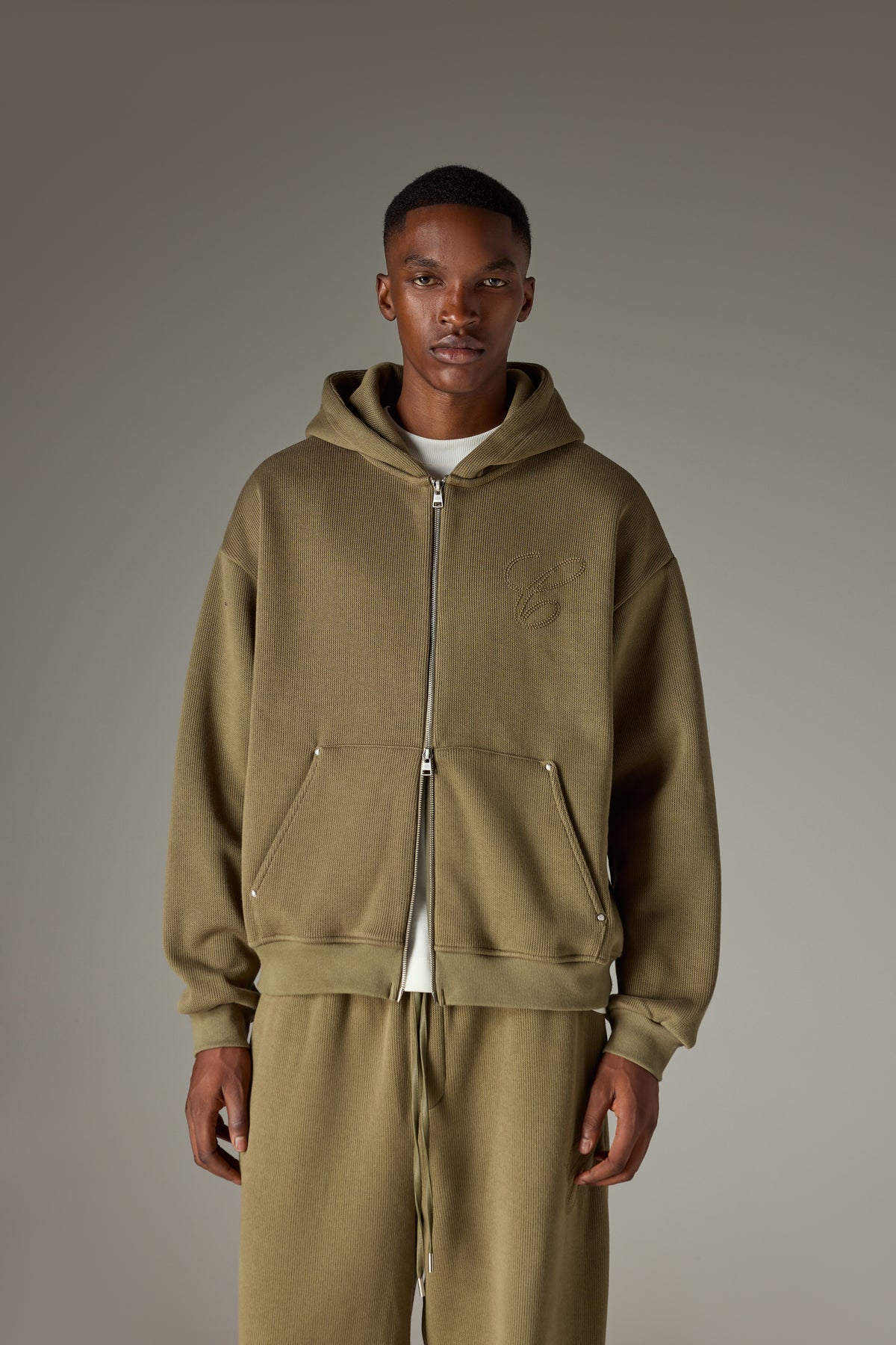 KNIT CONTRAST BINDING ZIP THROUGH HOODIE - KHAKI