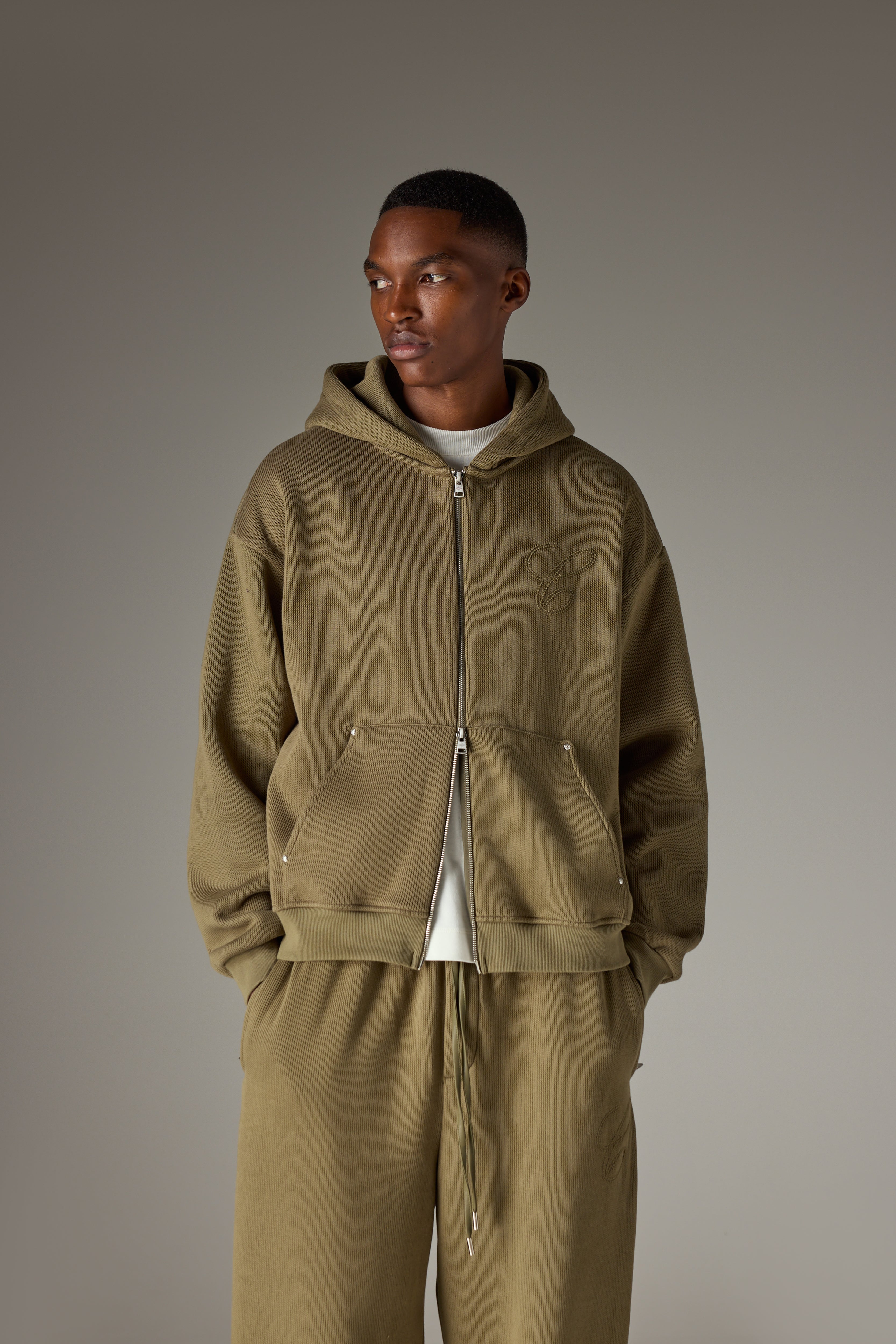 KNIT CONTRAST BINDING ZIP THROUGH HOODIE - KHAKI
