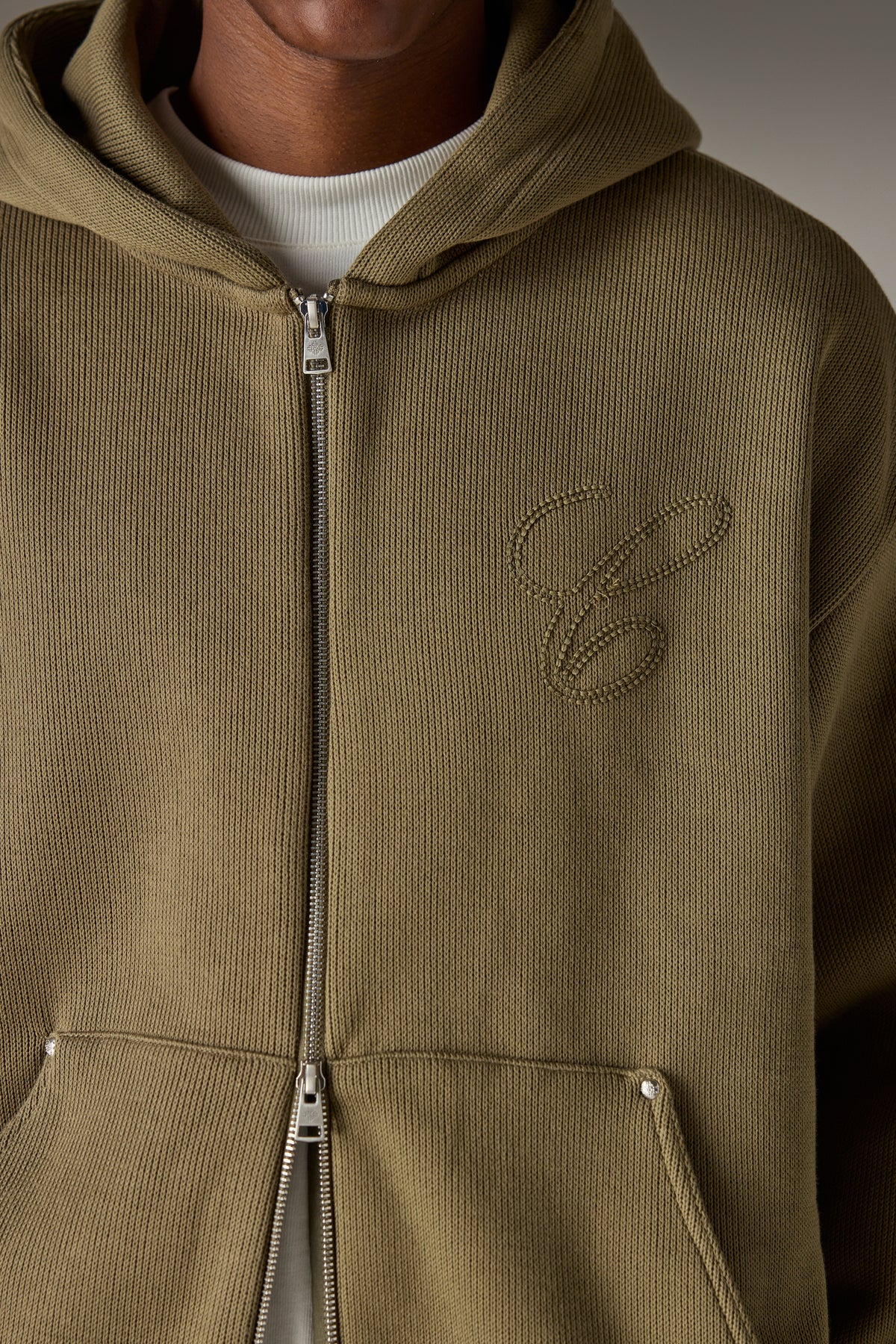 KNIT CONTRAST BINDING ZIP THROUGH HOODIE - KHAKI