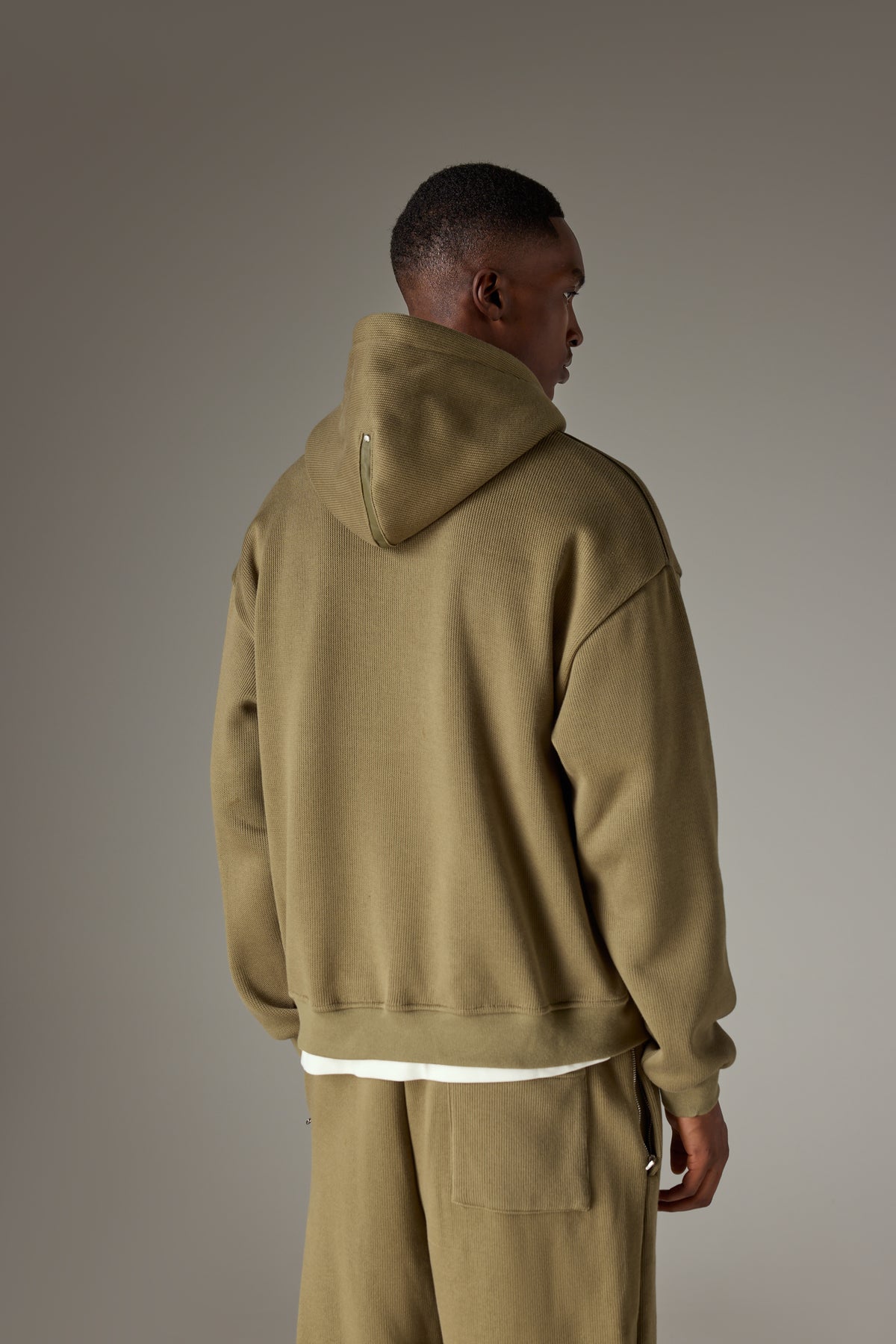 KNIT CONTRAST BINDING ZIP THROUGH HOODIE - KHAKI