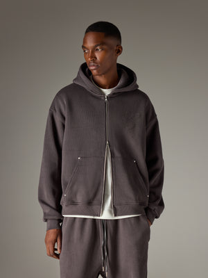 KNIT CONTRAST BINDING ZIP THROUGH HOODIE - CHARCOAL