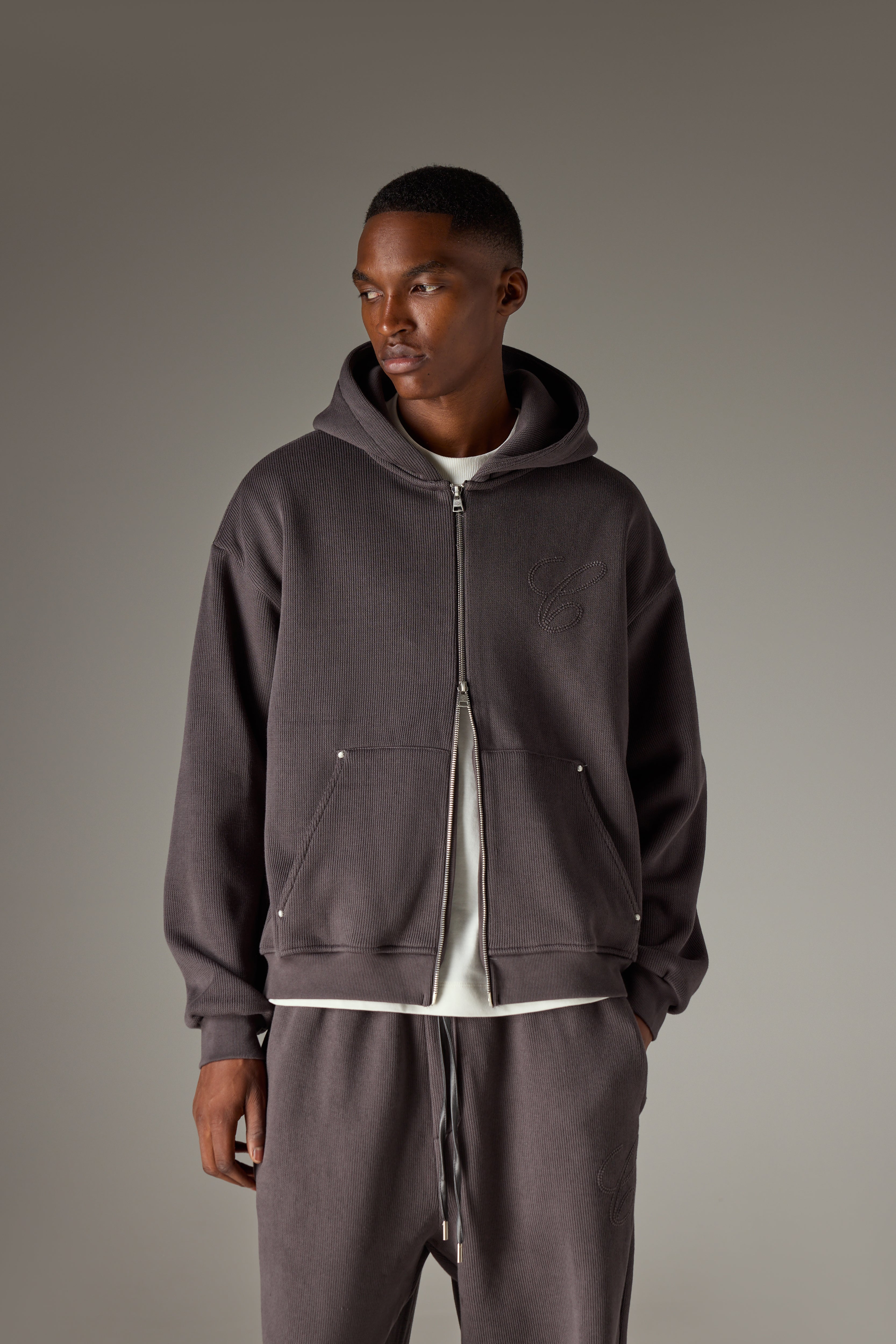 KNIT CONTRAST BINDING ZIP THROUGH HOODIE - CHARCOAL