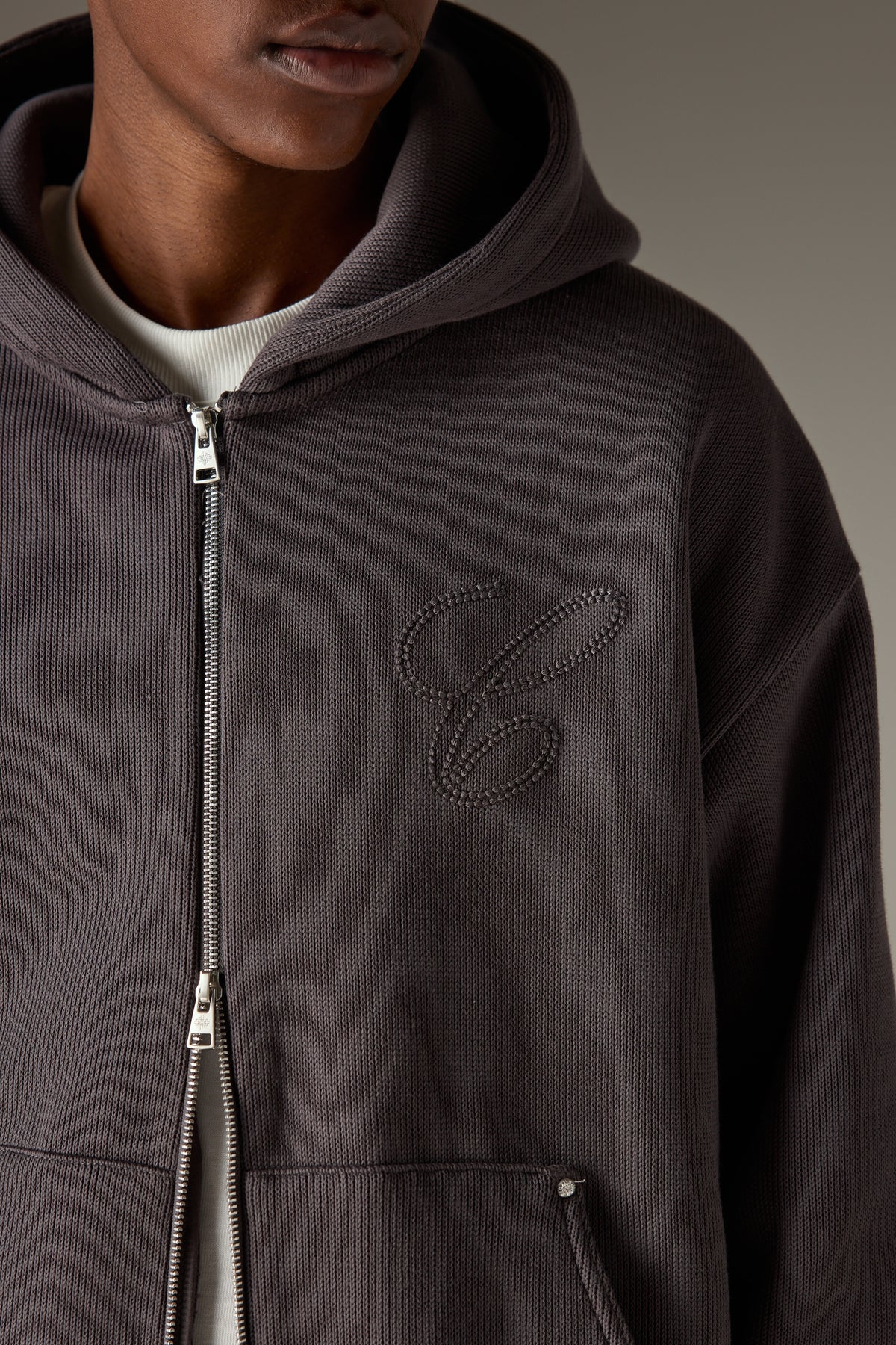 KNIT CONTRAST BINDING ZIP THROUGH HOODIE - CHARCOAL