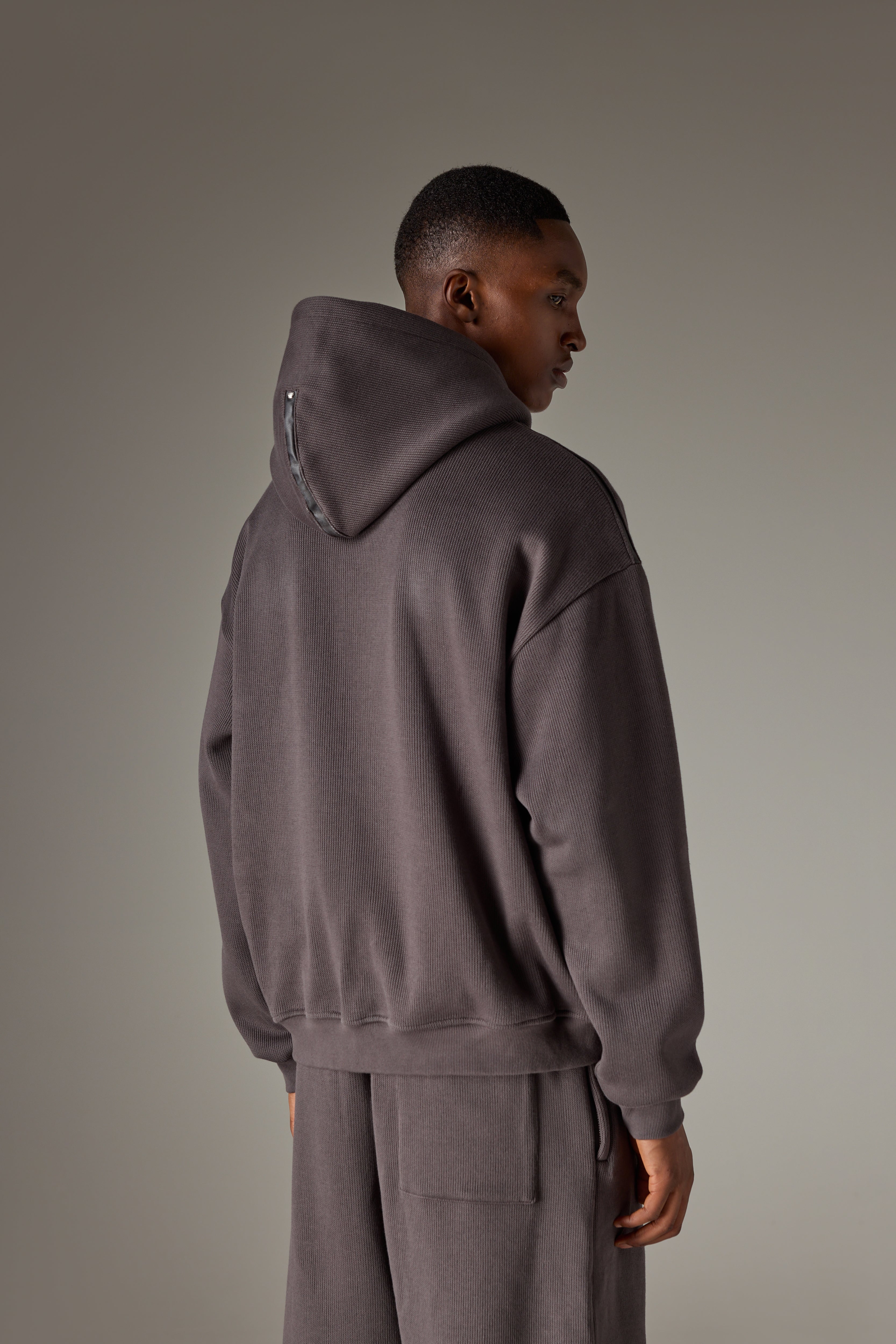 KNIT CONTRAST BINDING ZIP THROUGH HOODIE - CHARCOAL