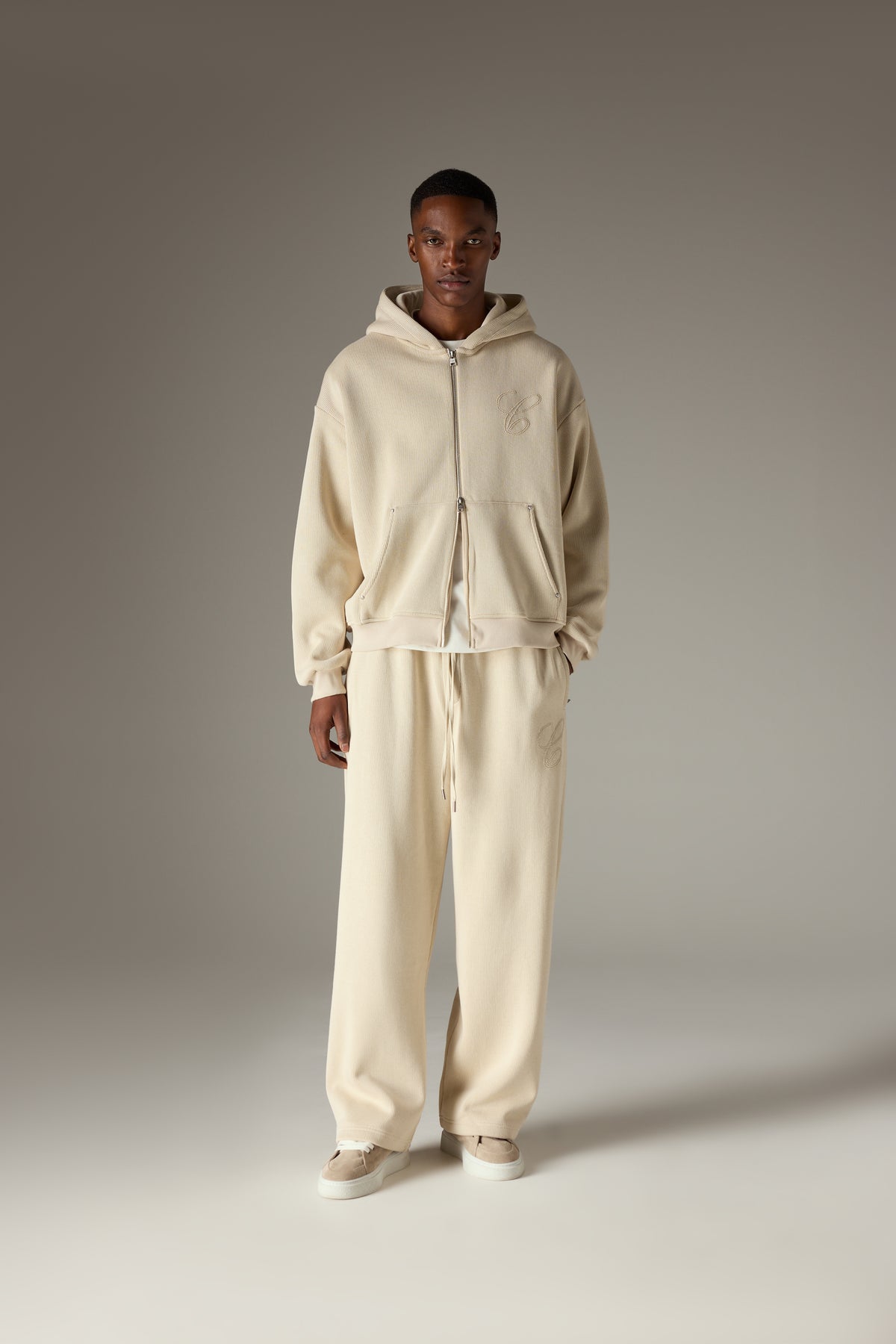 KNIT CONTRAST BINDING ZIP THROUGH HOODIE - BEIGE