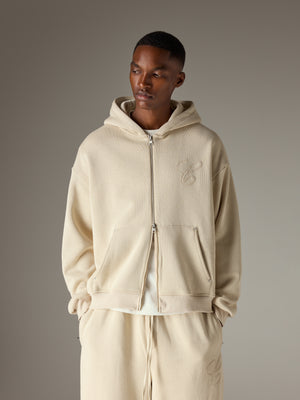 KNIT CONTRAST BINDING ZIP THROUGH HOODIE - BEIGE