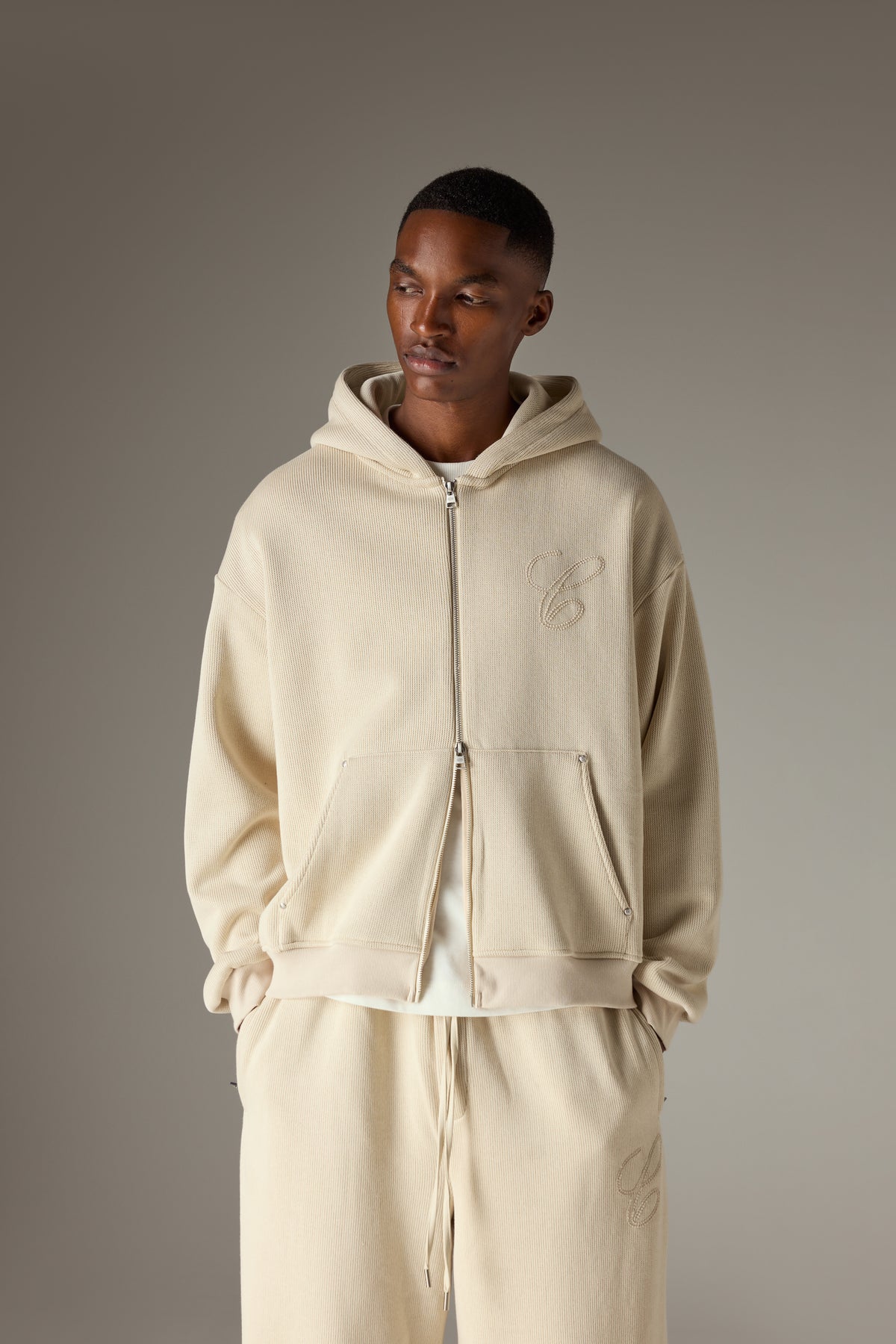KNIT CONTRAST BINDING ZIP THROUGH HOODIE - BEIGE