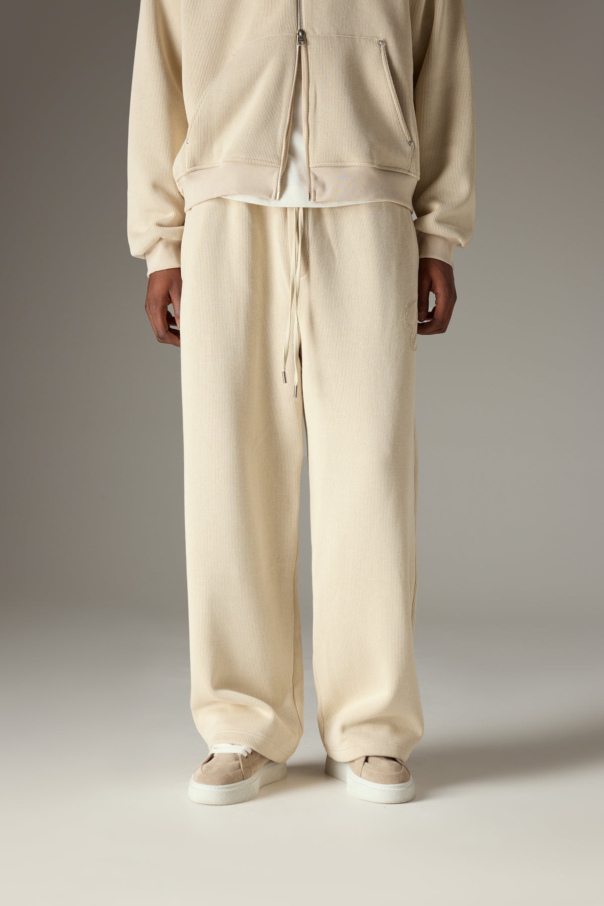 KNIT CONTRAST DRAWCORDS RELAXED JOGGERS - BEIGE