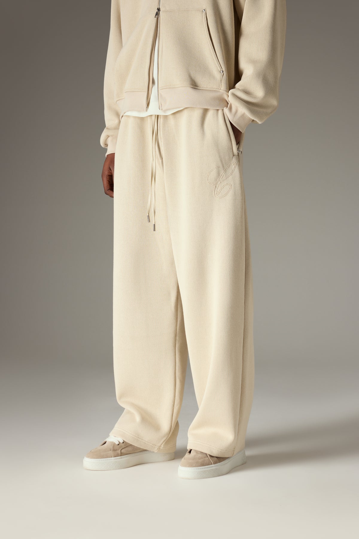 KNIT CONTRAST DRAWCORDS RELAXED JOGGERS - BEIGE