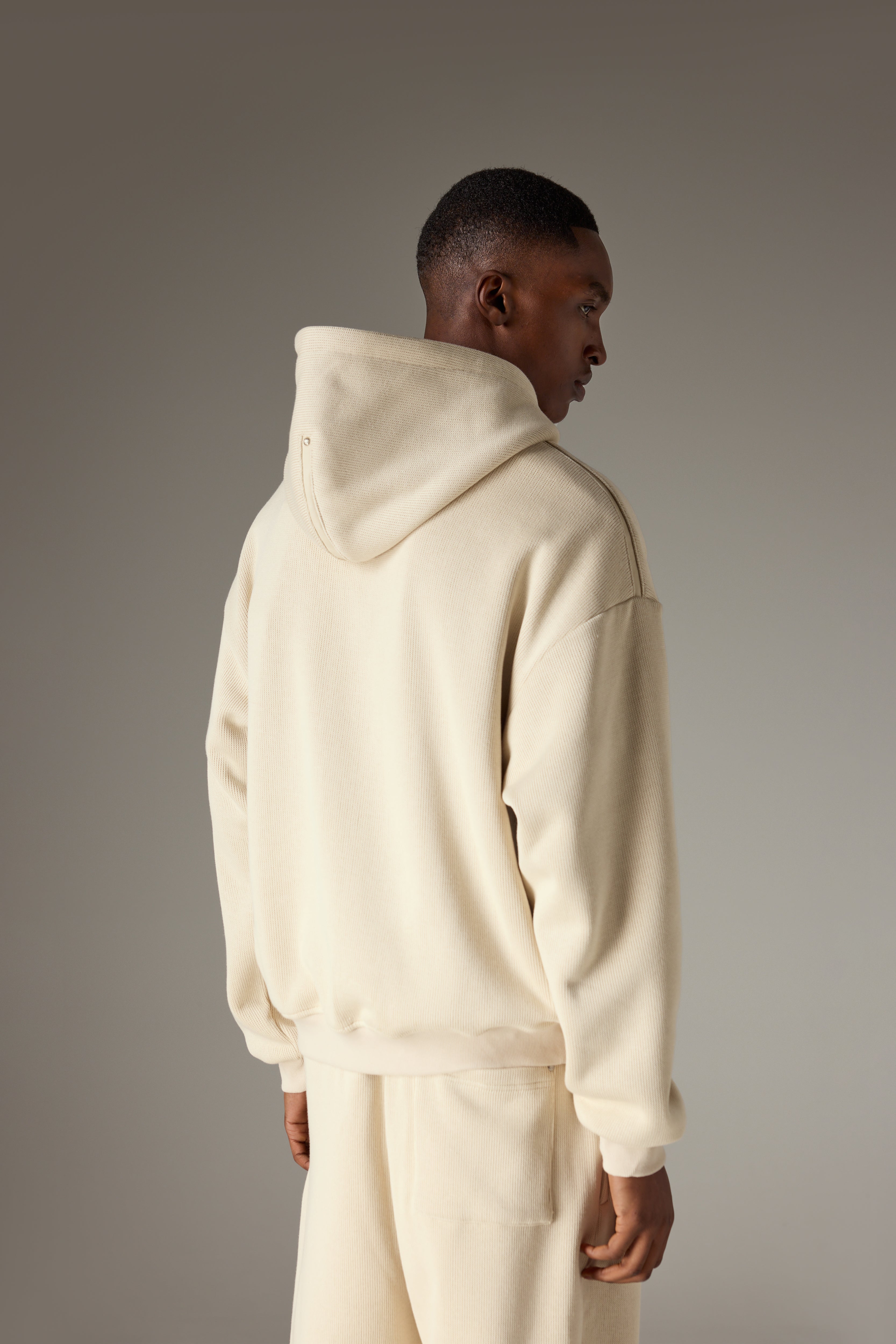 KNIT CONTRAST BINDING ZIP THROUGH HOODIE - BEIGE