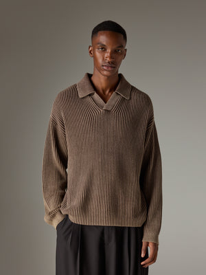 HEAVY WASHED RIB KNIT POLO - BROWN