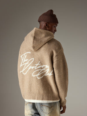 SCRIPT LOGO GRAPHIC KNITTED HOODIE - BEIGE