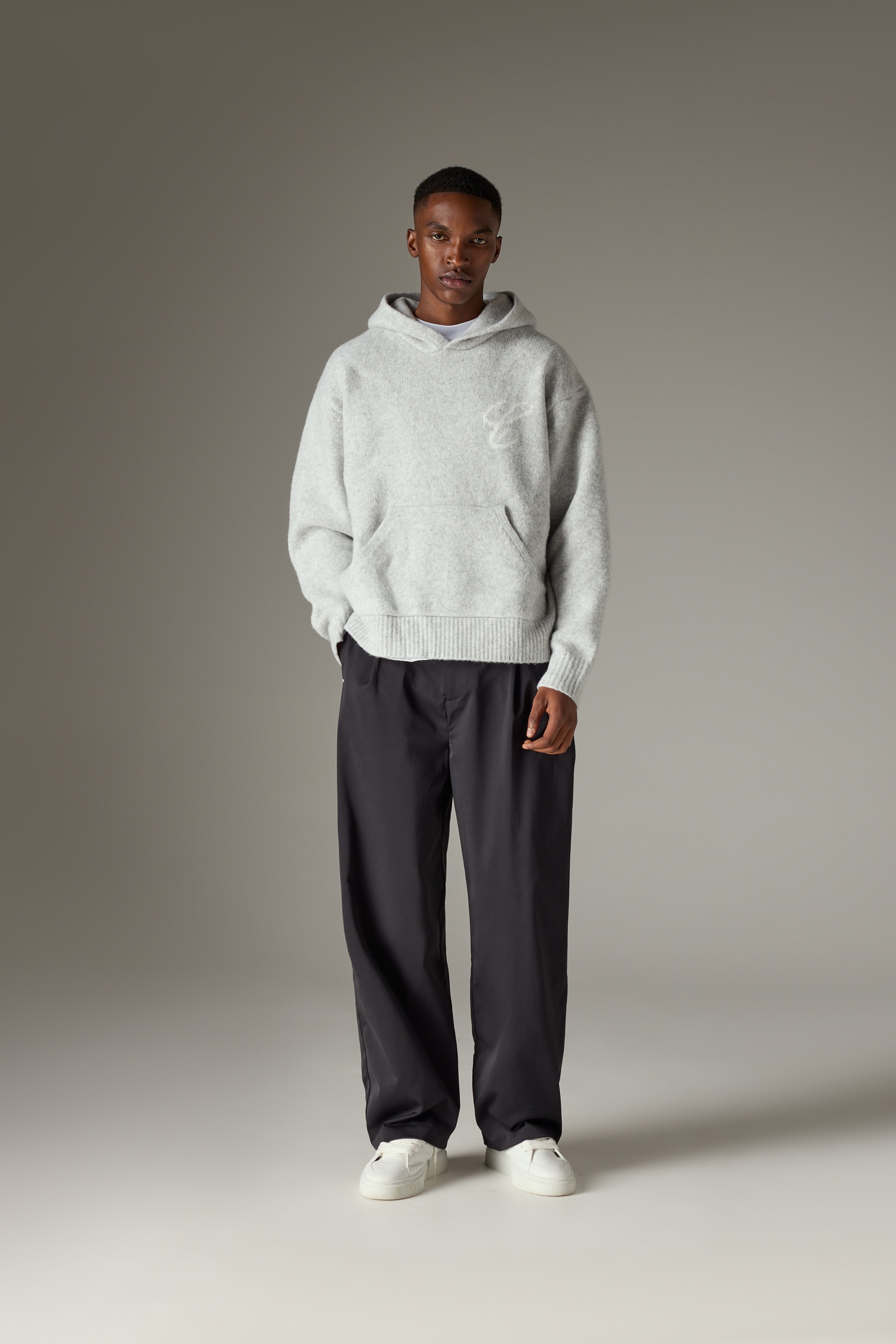SCRIPT LOGO GRAPHIC KNITTED HOODIE - GREY MARL