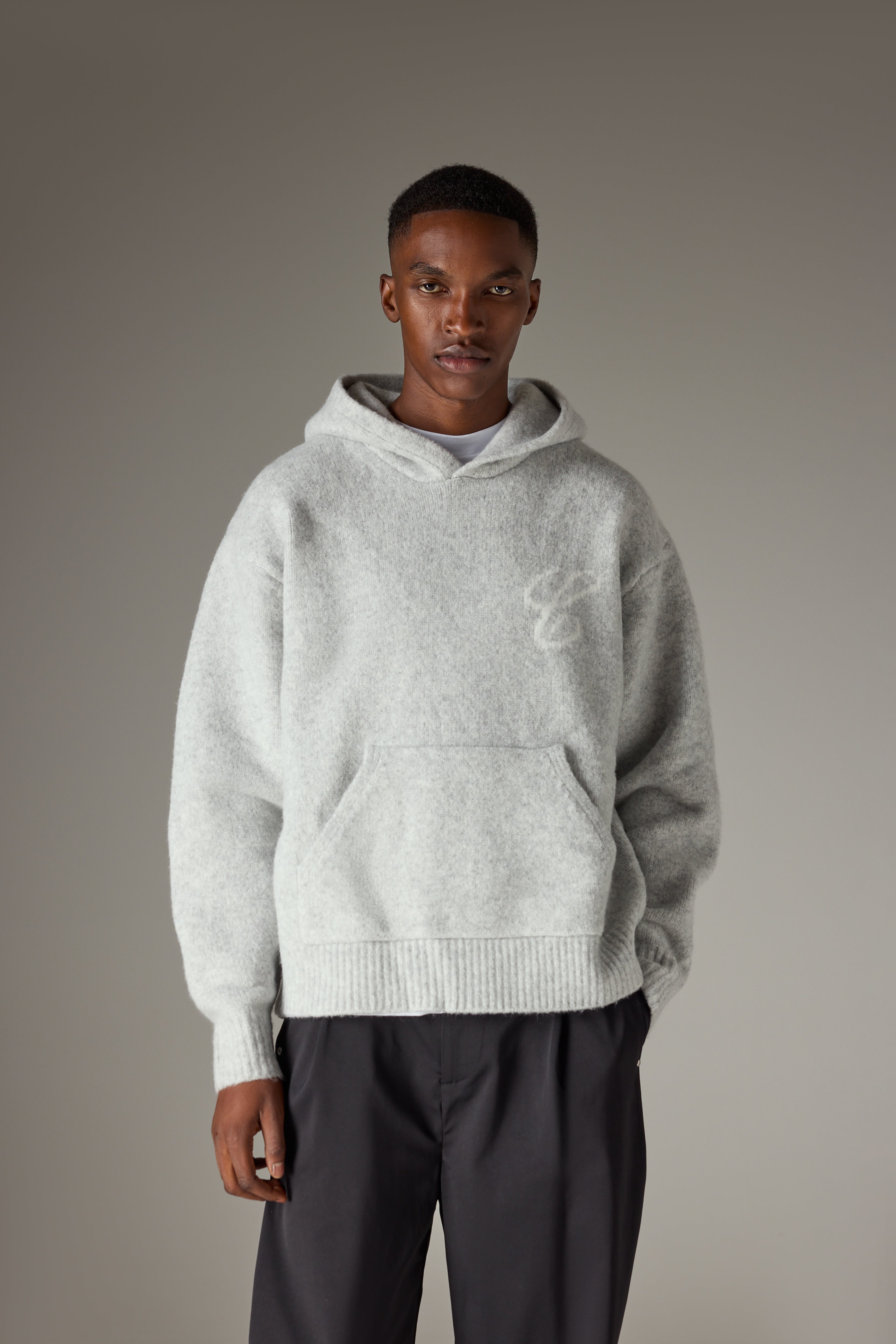SCRIPT LOGO GRAPHIC KNITTED HOODIE - GREY MARL