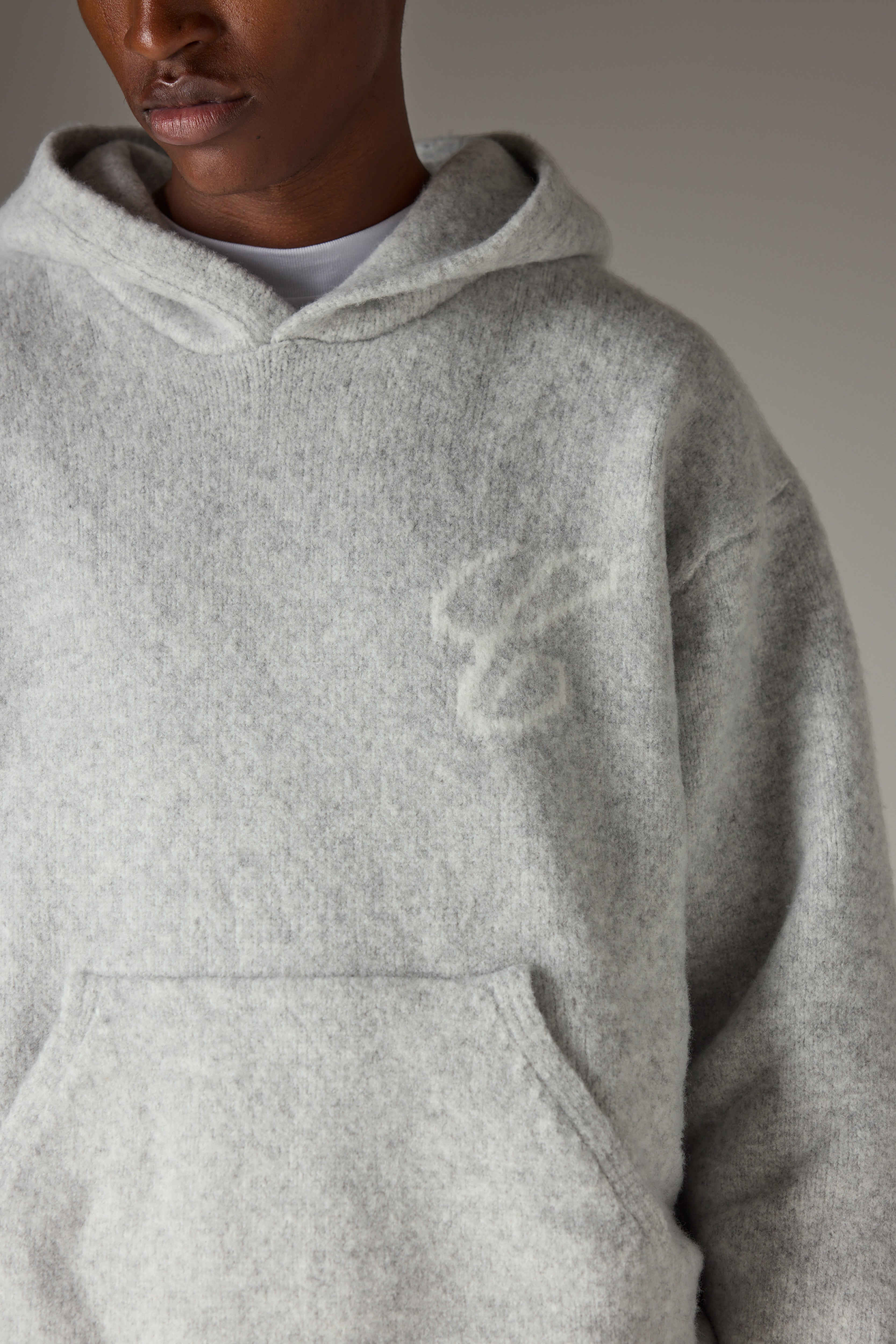 SCRIPT LOGO GRAPHIC KNITTED HOODIE - GREY MARL