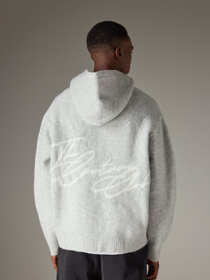 SCRIPT LOGO GRAPHIC KNITTED HOODIE - GREY MARL