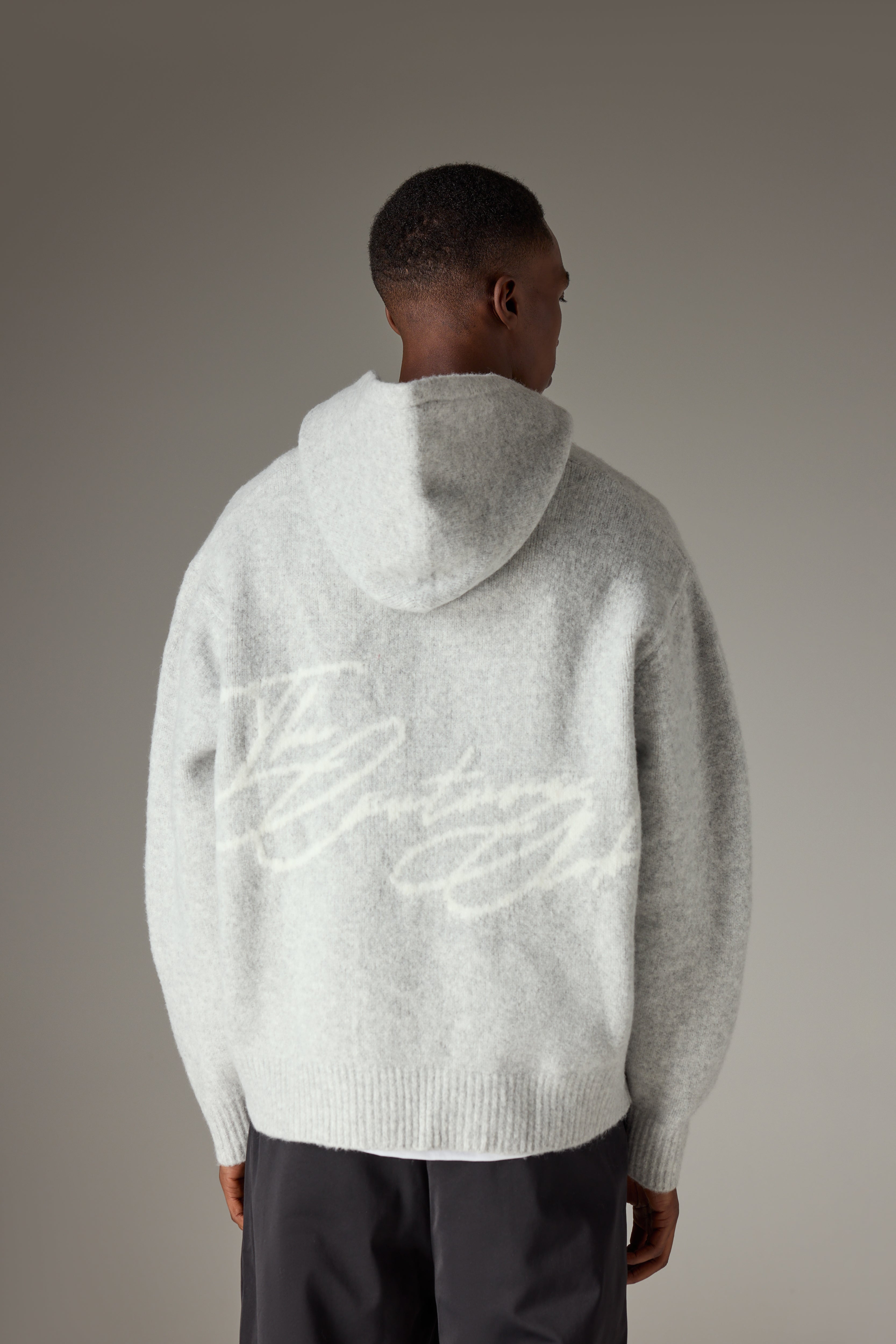 SCRIPT LOGO GRAPHIC KNITTED HOODIE - GREY MARL