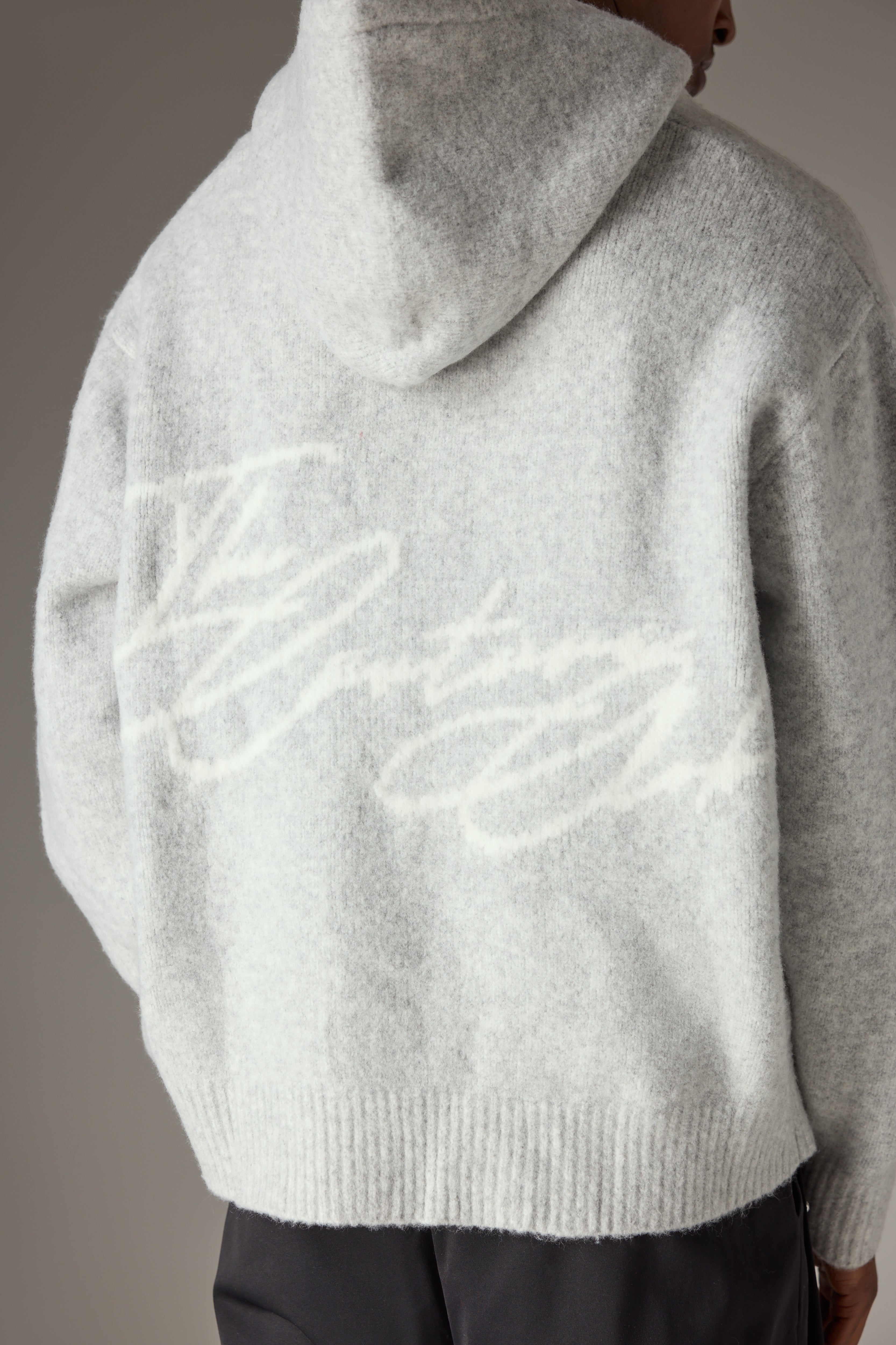 SCRIPT LOGO GRAPHIC KNITTED HOODIE - GREY MARL