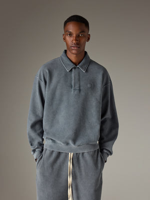 HEAVYWEIGHT WASHED RIBBED POLO SWEATSHIRT - GREY