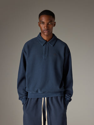HEAVYWEIGHT WASHED RIBBED POLO SWEATSHIRT - NAVY