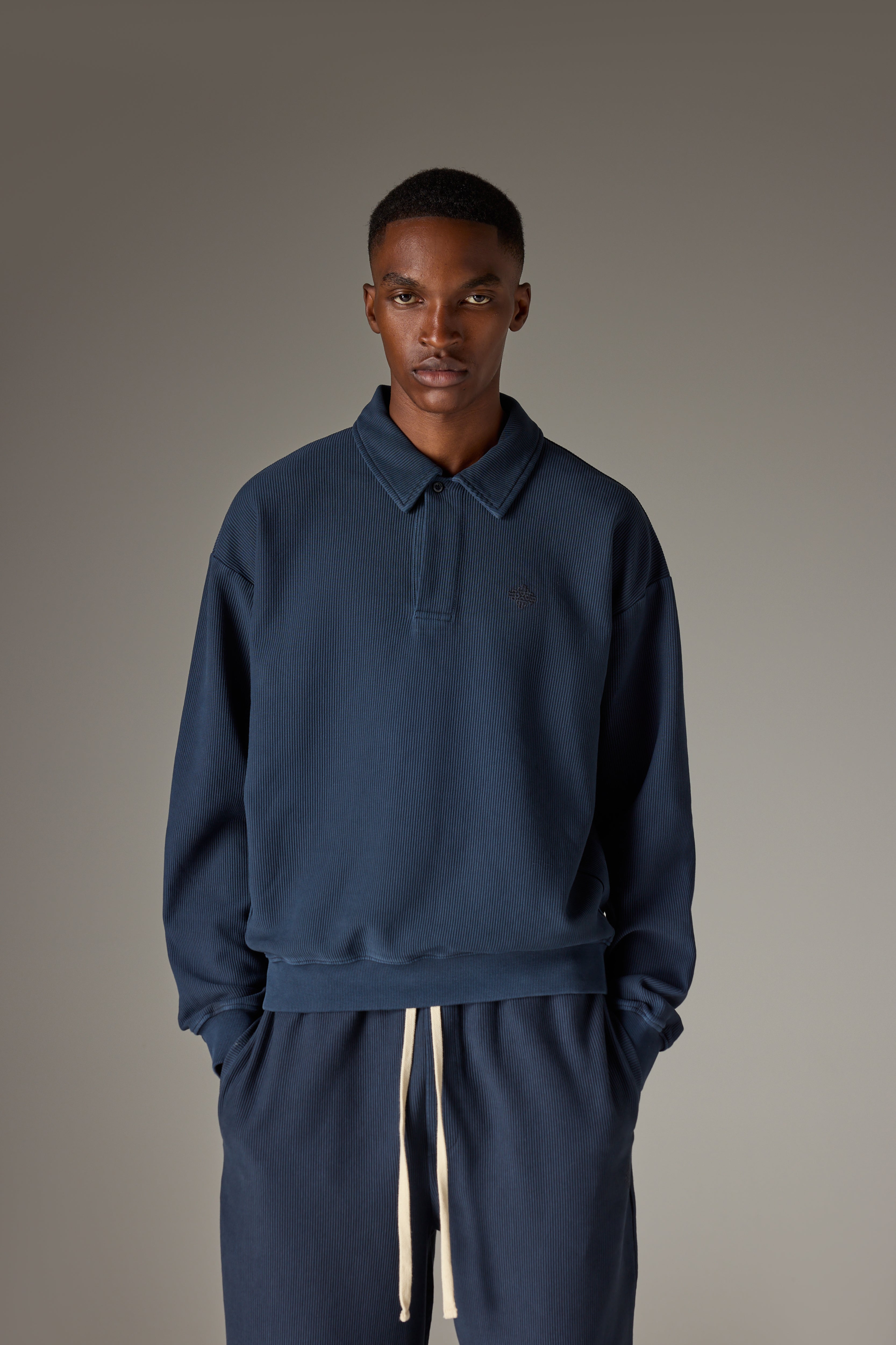 HEAVYWEIGHT WASHED RIBBED POLO SWEATSHIRT - NAVY