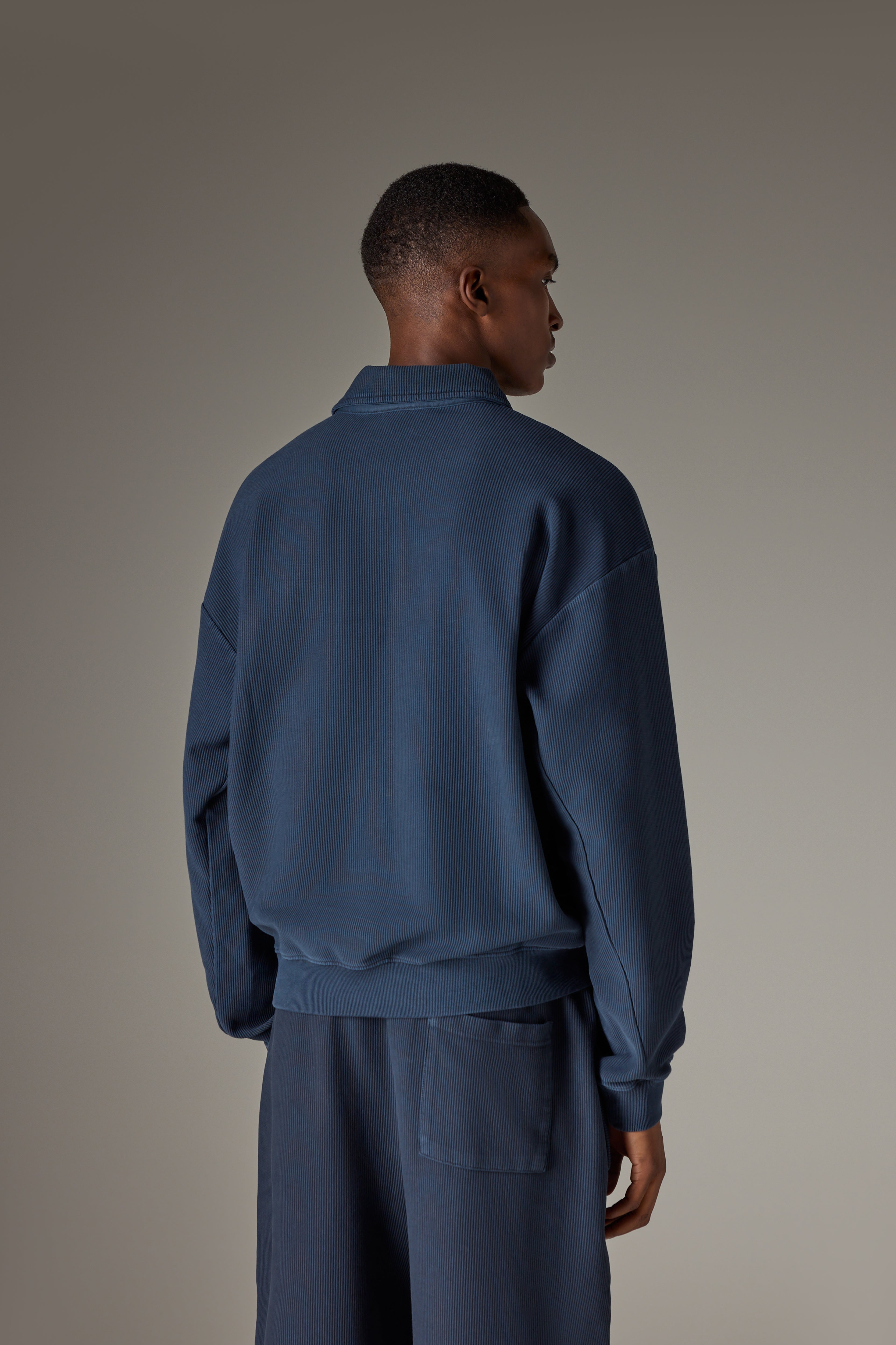 HEAVYWEIGHT WASHED RIBBED POLO SWEATSHIRT - NAVY