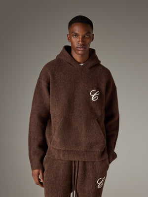 CHAINSTITCH EMBROIDERY KNITTED HOODIE - BROWN