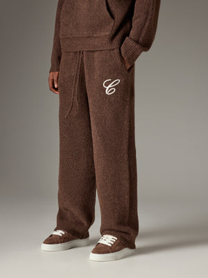 CHAINSTITCH EMBROIDERY KNITTED BARREL LEG JOGGERS - BROWN