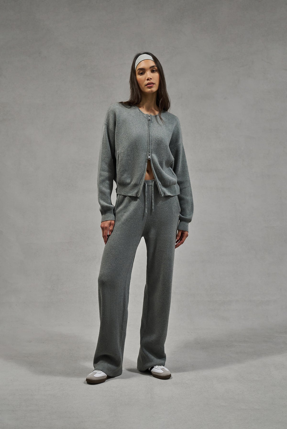 COLLARLESS KNITTED ZIP THROUGH BOMBER - GREY MARL