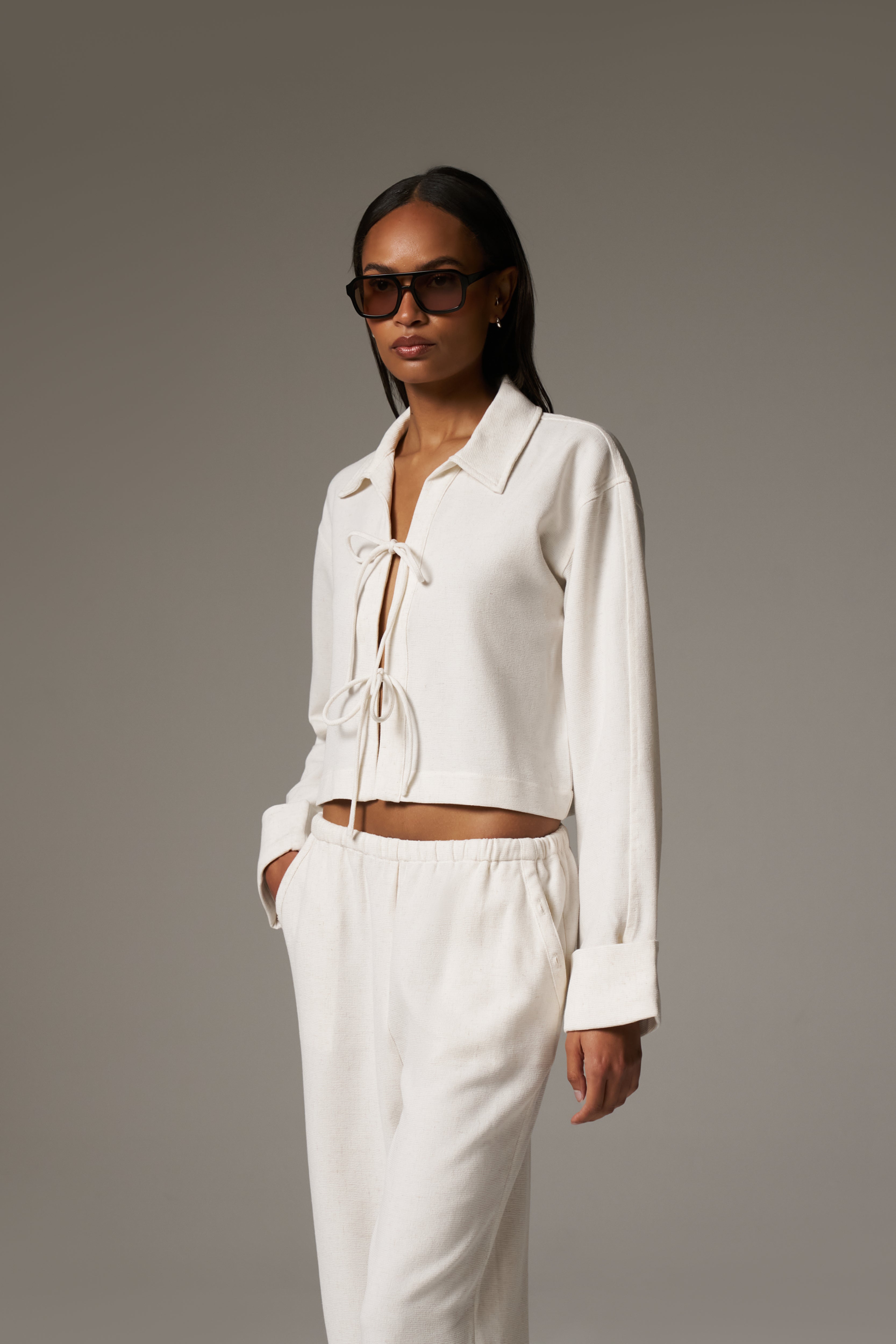 TEXTURED LINEN TIE FRONT SHIRT - BEIGE