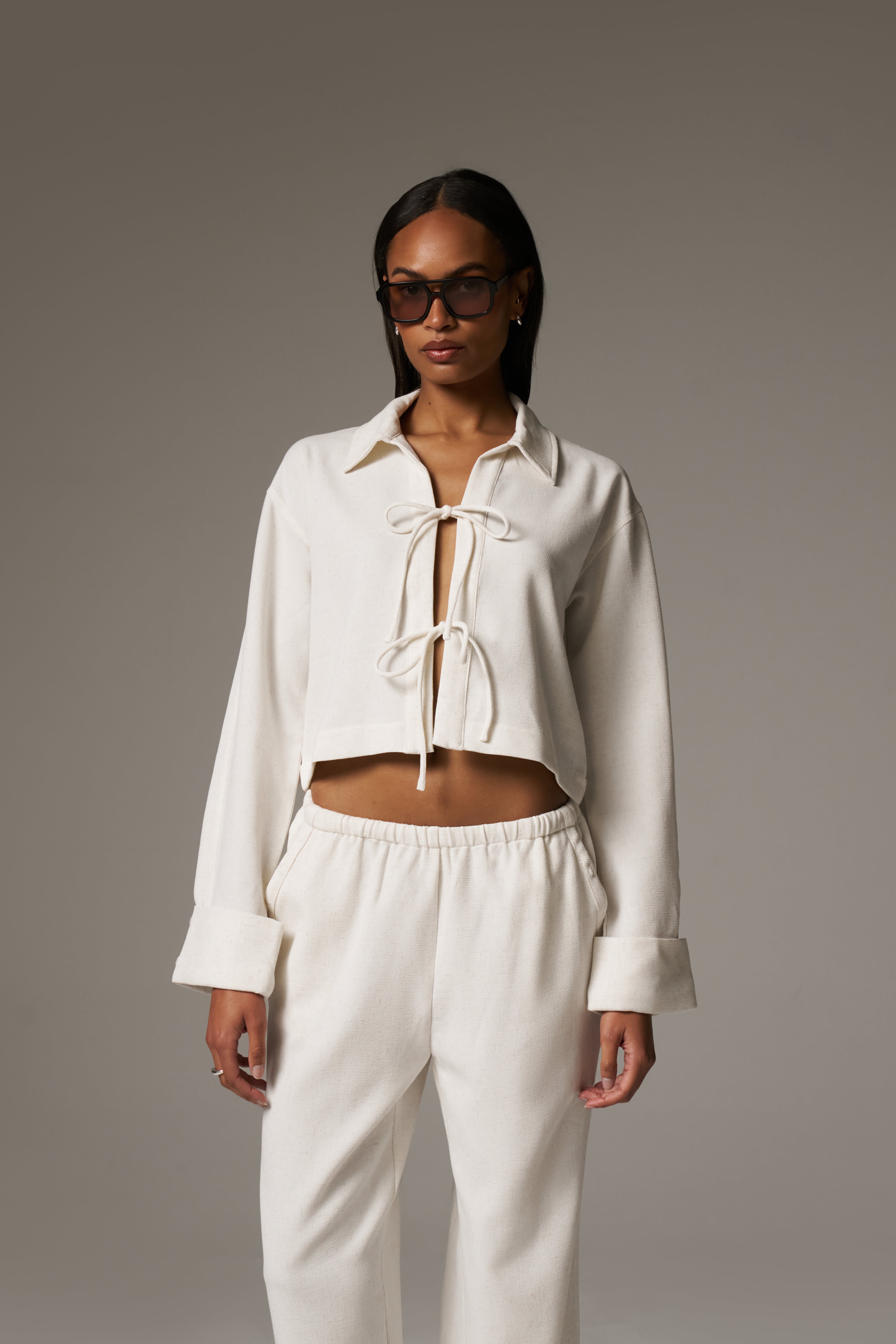 TEXTURED LINEN TIE FRONT SHIRT - BEIGE