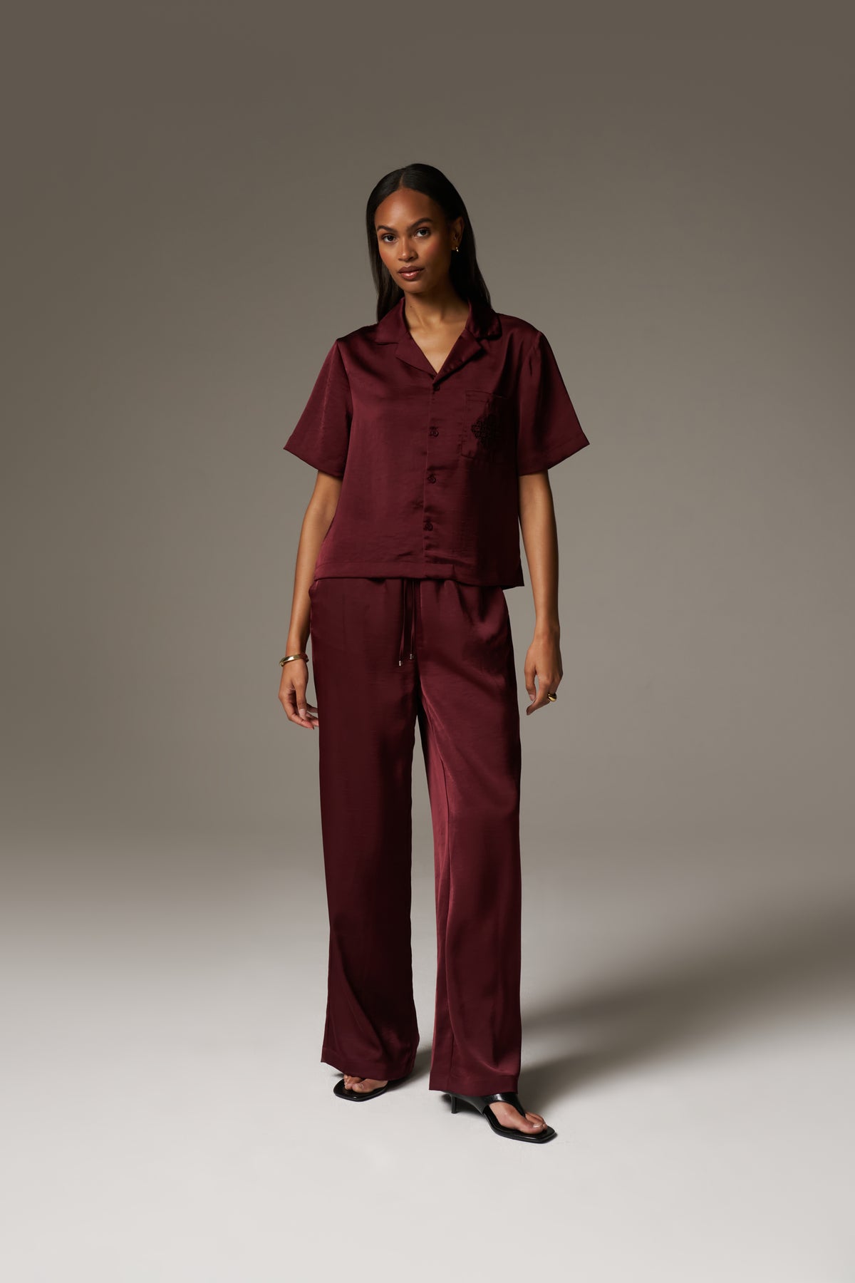 SATIN WIDE LEG EMBLEM TROUSERS - BURGUNDY